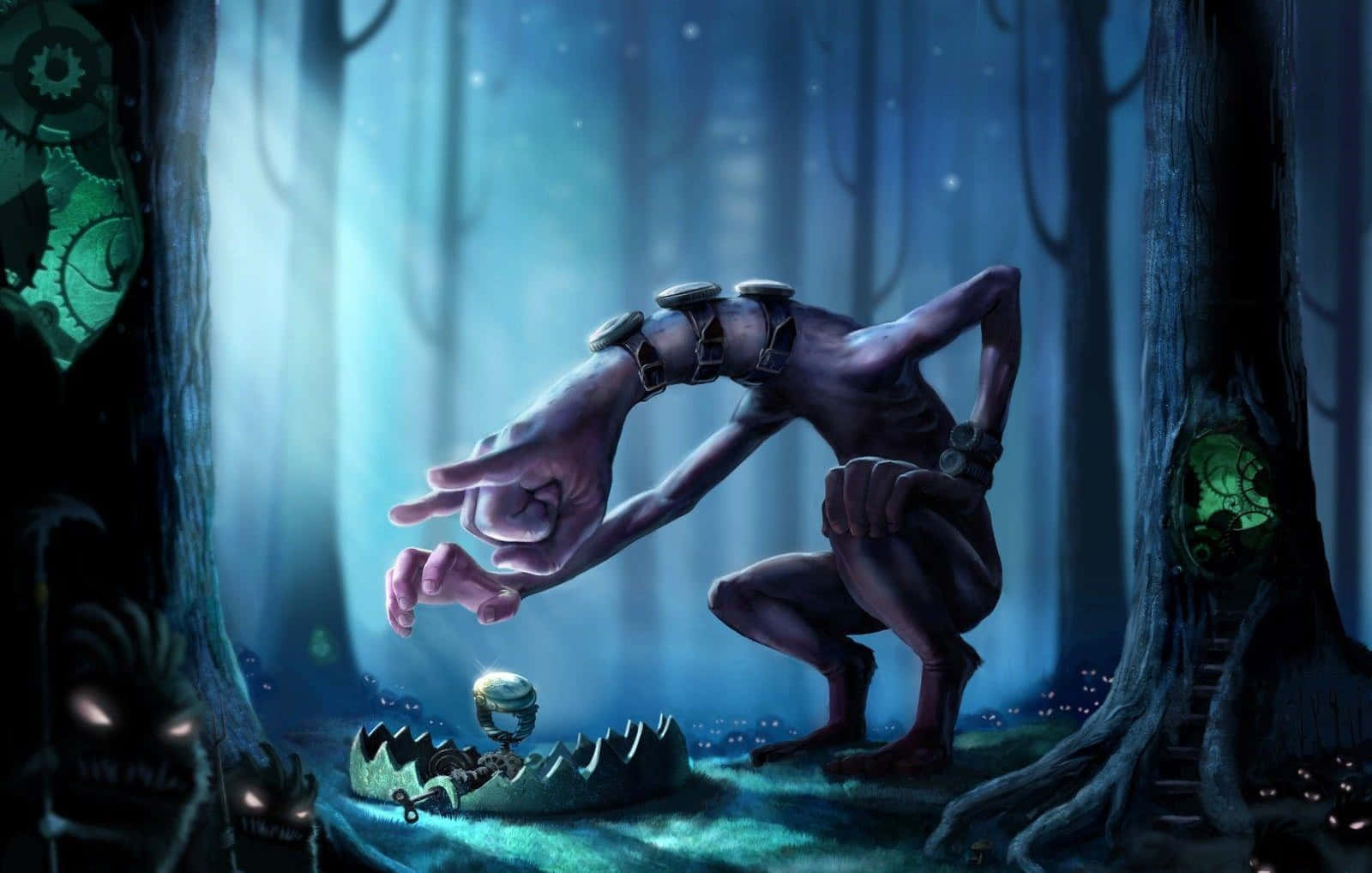 Surreal Art 桌布 壁紙 — 一個生物機械生物，帶有發光的綠色齒輪，蹲在霧氣瀰漫的森林中，伸手觸摸一塊鋸齒狀石頭上的小型機器人。