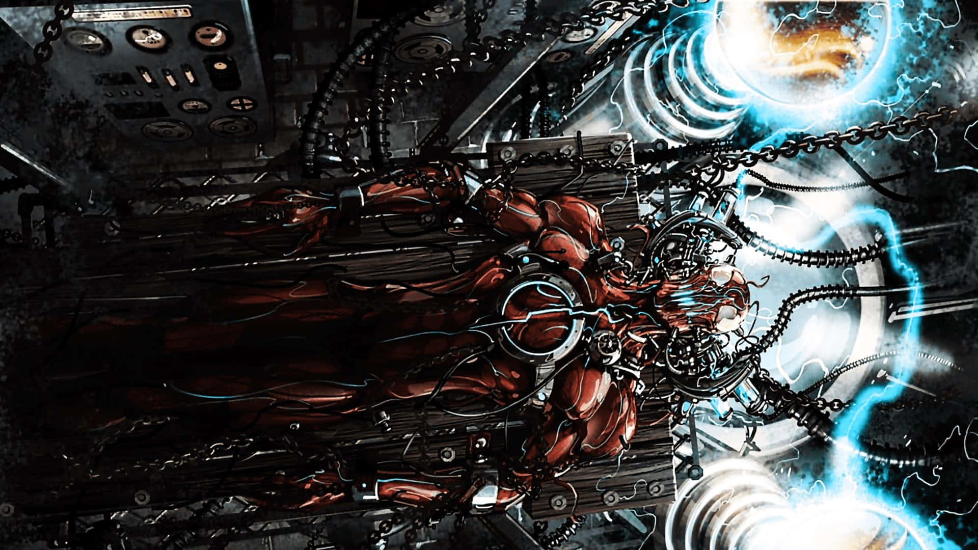 Carnage USA 桌布 壁紙 — 一個生物機械的紅色生物被鎖鏈和機器纏繞，周圍是發光的藍色能量和黑暗的工業面板。
