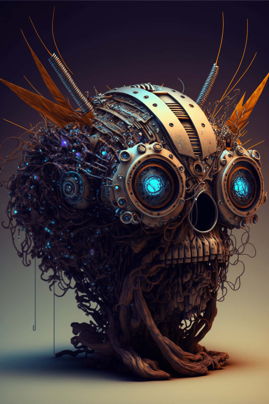 Pixel 3xl Borderlands 3 桌布 壁紙 — 一個生物機械貓頭鷹頭部，帶有發光的藍色眼睛和生鏽的金屬齒輪，與扭曲的樹根和電線融合在一起。