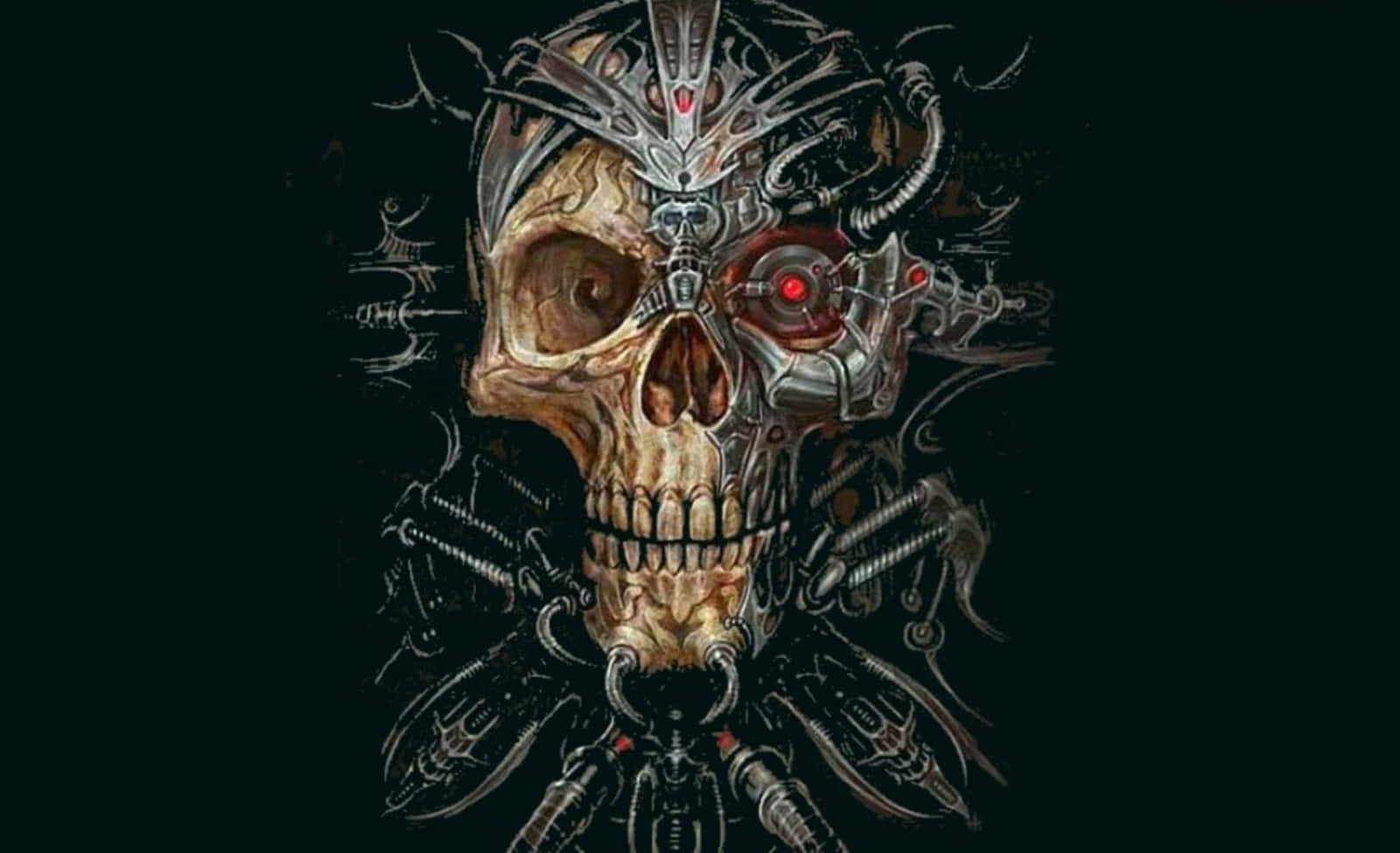 Cool Skull 桌布 壁紙 — 一個生物機械頭骨，帶有發光的紅色眼睛和複雜的金屬工藝，背景為深色。