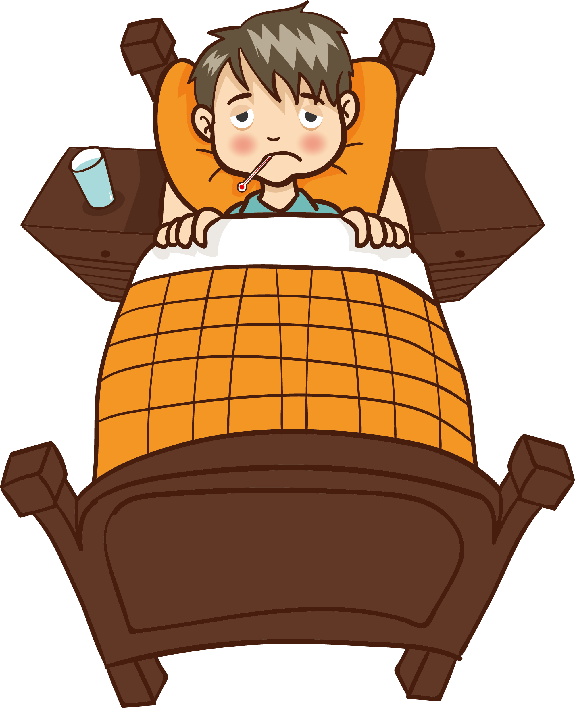 生病 桌布 壁紙 — 一個生病的卡通男孩躺在床上，嘴裡含著體溫計，旁邊放著一杯水。