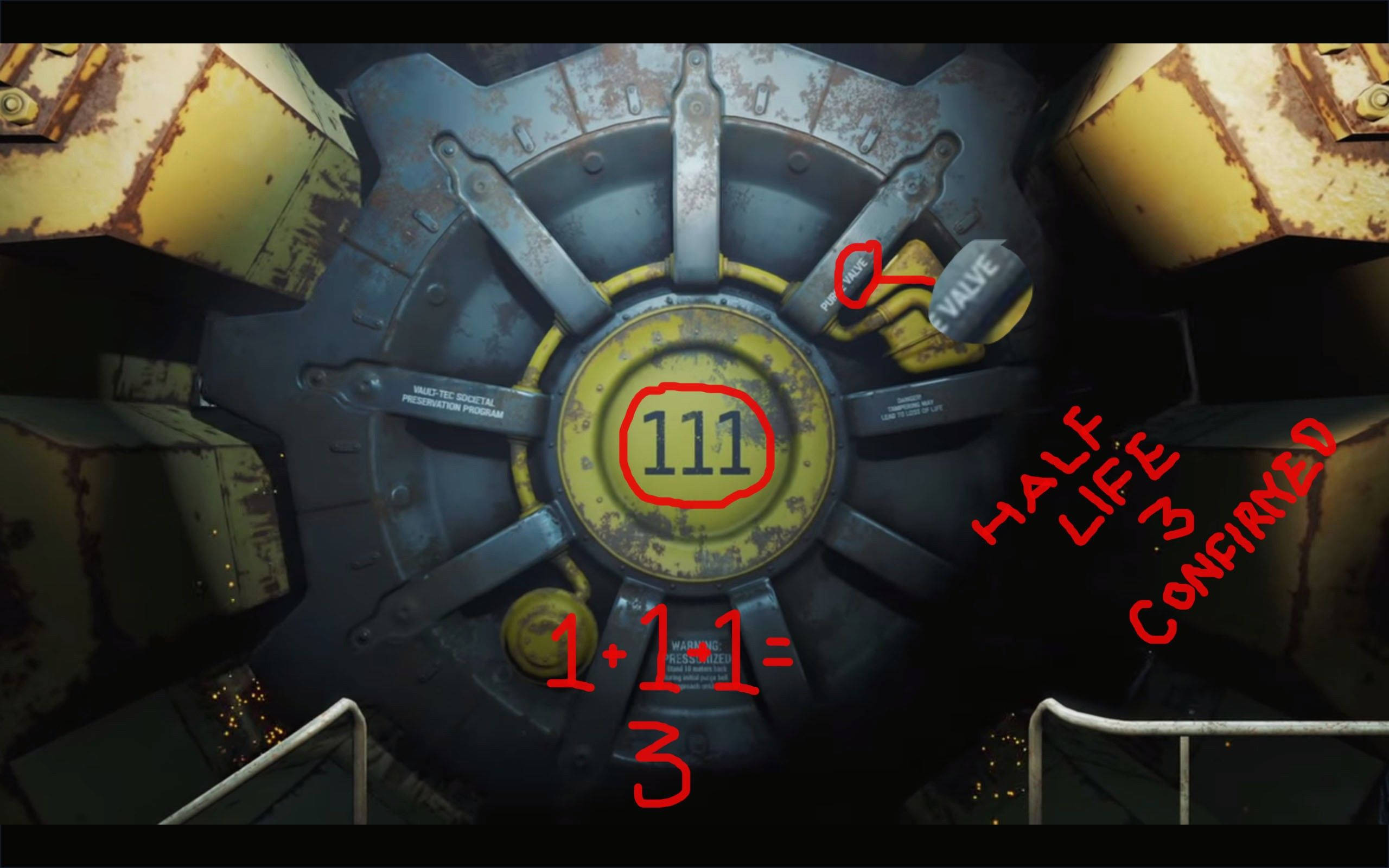 Fallout 4 桌布 壁紙 — 一個生鏽的工業閥門，上面有紅色圓圈標記的數字111和數學方程式1+1=3，疊加在深色金屬表面上。