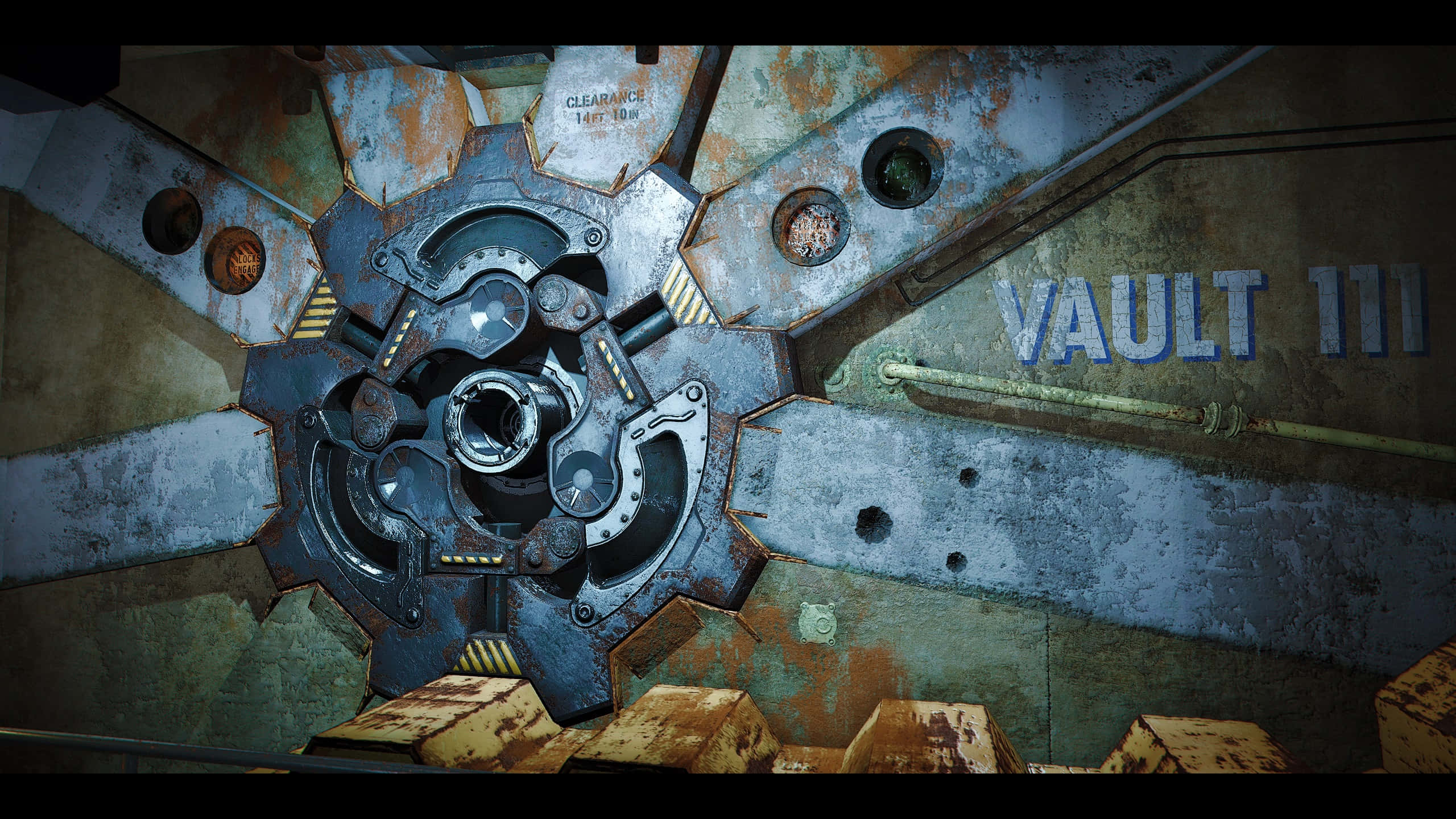 Fallout 4 Vault 桌布 壁紙 — 一個生鏽的巨大金庫門的特寫，帶有複雜的機械齒輪，並在風化的金屬上印有「VAULT 111」字樣。