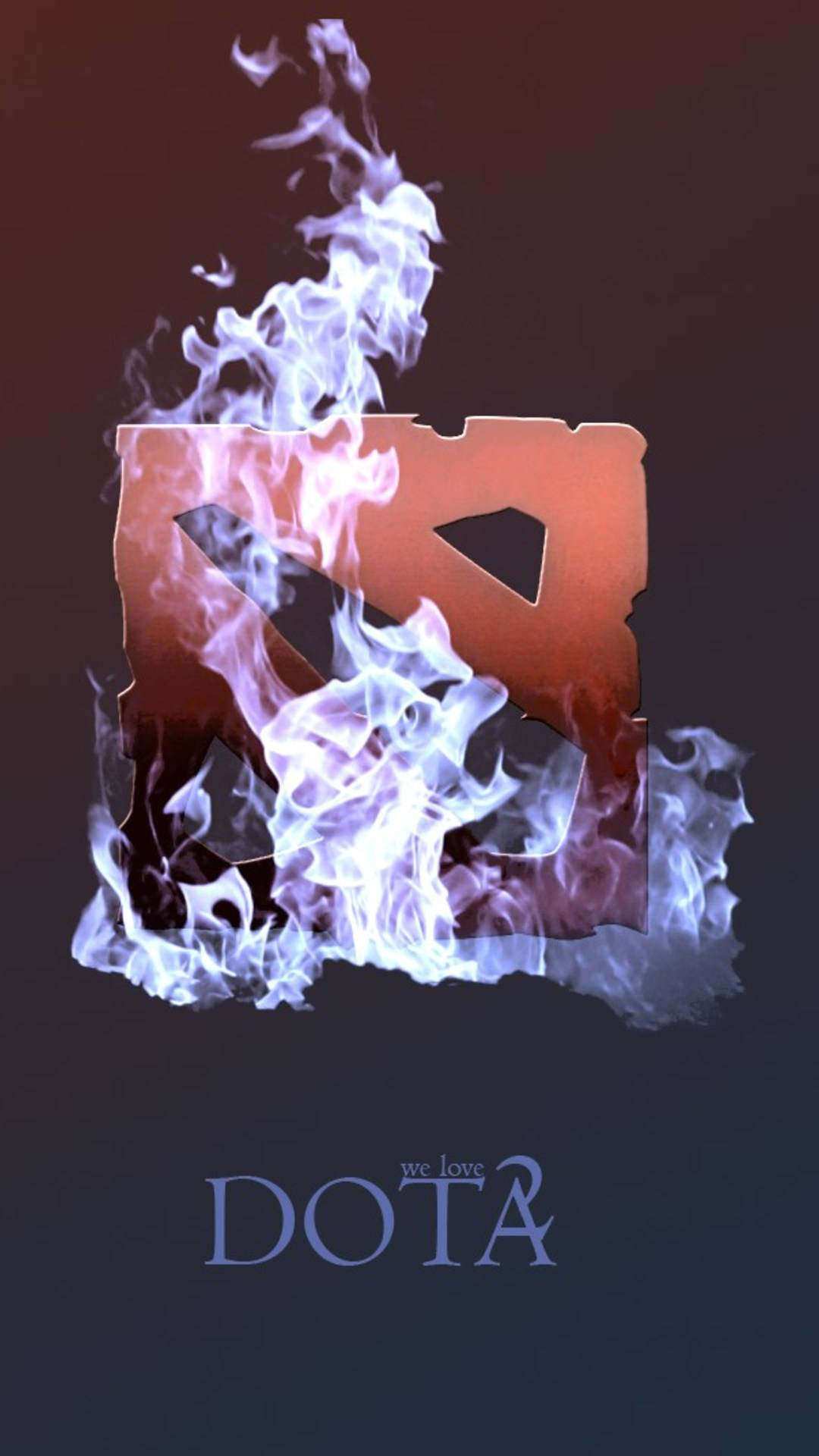 電玩遊戲 桌布 壁紙 — 一個生鏽的金屬DOTA 2標誌在深色漸變背景上噴發出熾熱的藍白色火焰。