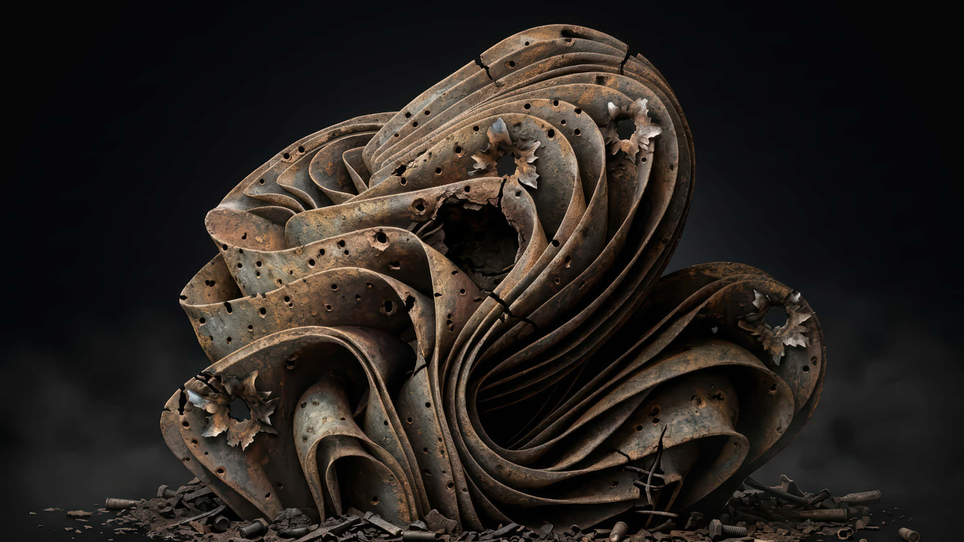 Iron modded destroyed and deformed wallpaper for desktop Enhancement, 壁紙 — 一個生鏽的金屬雕塑，帶有層疊漩渦和彈孔，擱在黑暗煙霧背景的碎片上。