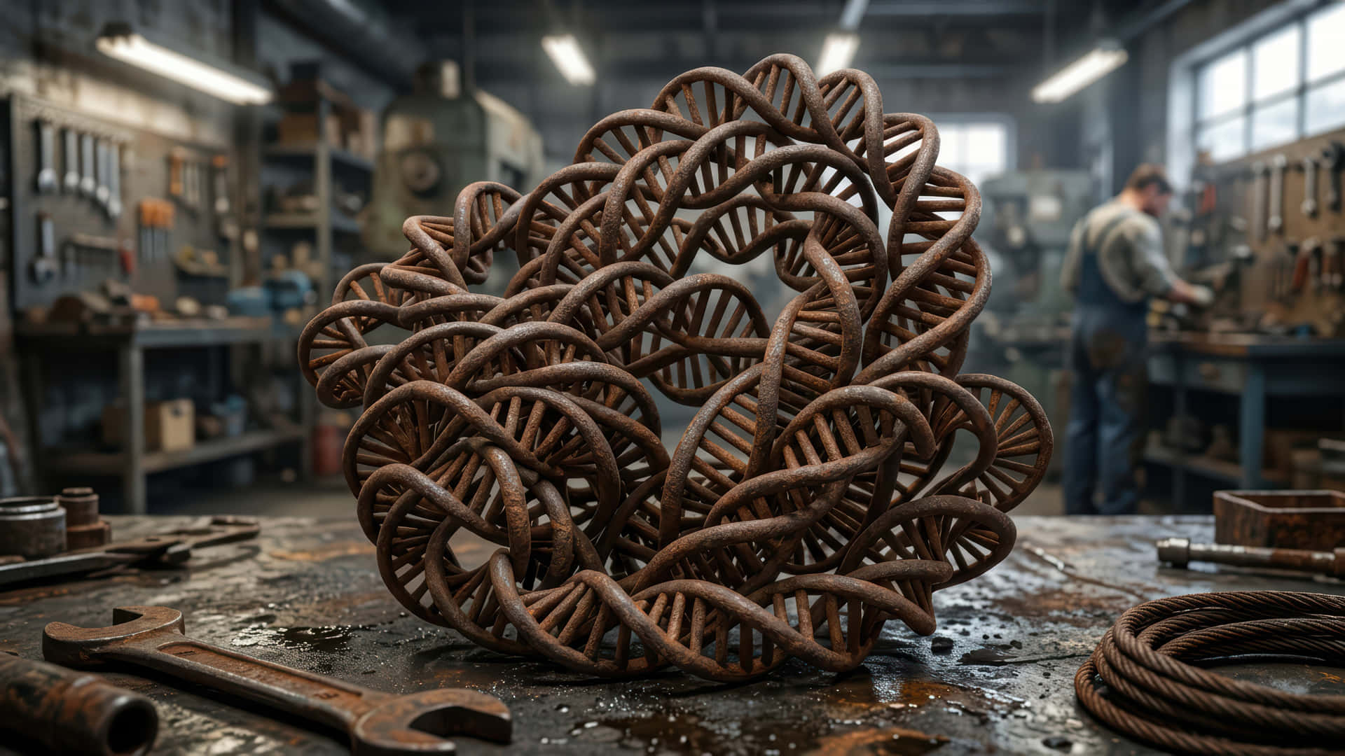 Iron Dna Bloom modded wallpaper for desktop Enhancement, 壁紙 — 一個生鏽的金屬齒輪互鎖雕塑，放在雜亂的工作台上，背景有工具和一名工人。
