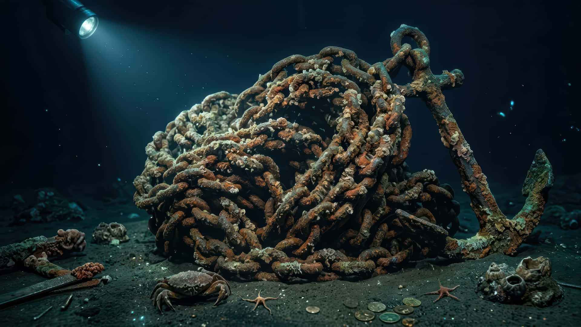 Deep anchor Bloom modded wallpaper for desktop Enhancement, 壁紙 — 一個生鏽的錨和纏繞的鏈條躺在黑暗的海底，由一個單一的水下聚光燈照亮。