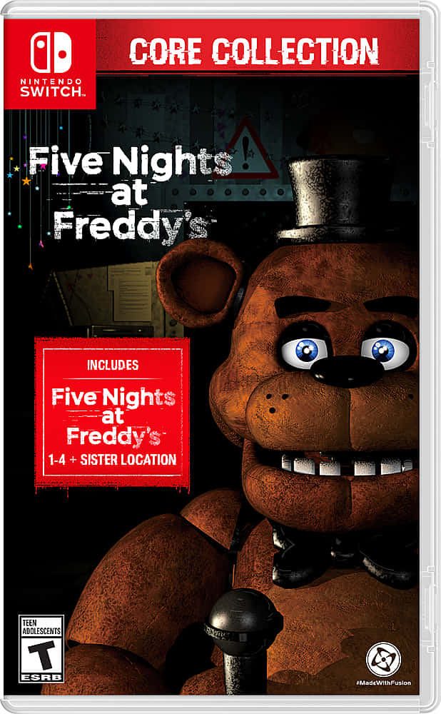 Five Nights At Freddys 桌布 壁紙 — 一個生鏽的電子動畫熊的特寫，有發光藍色眼睛和高帽，背景是黑暗的街機主題。