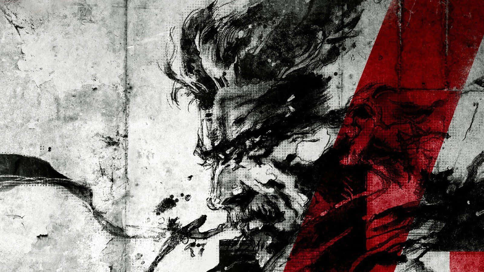 Red White And Black Abstract 桌布 壁紙 — 一個用墨水繪製的粗獷戰士側面，頭髮狂野，目光銳利，被一條大膽的紅色斜線分割，背景是風化的混凝土牆。