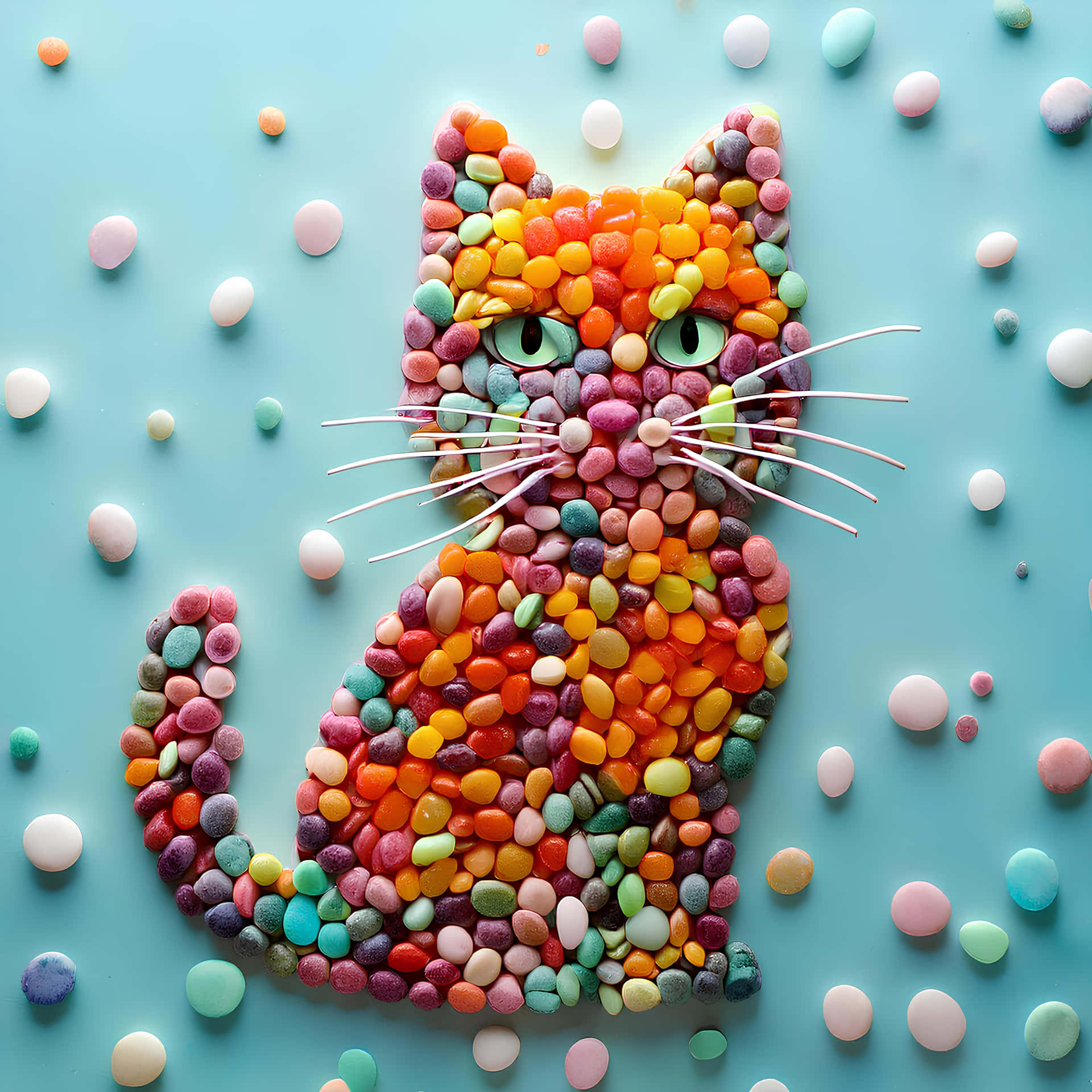 Cat 壁紙 — 一個用彩色糖果製成的頑皮貓剪影，坐在淺藍色背景上，背景散落著零散的糖果。