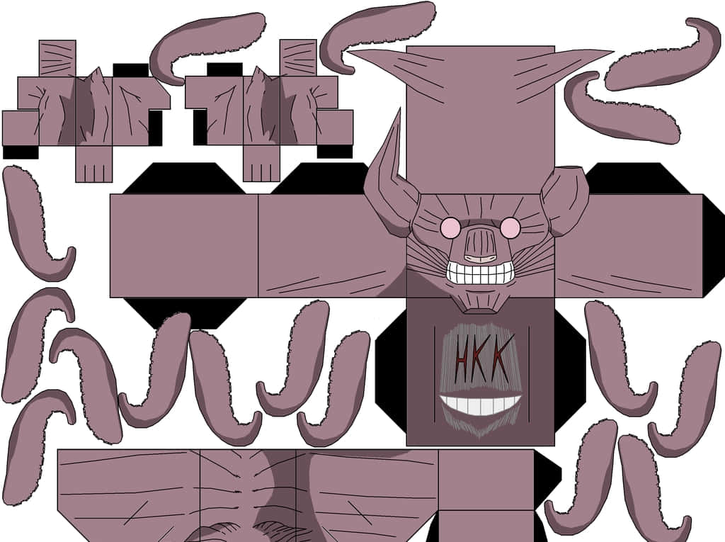 Gyuki 桌布 壁紙 — 一個用於3D組裝的紫色惡魔造型扁平紙藝模板，帶有角和多條觸手。