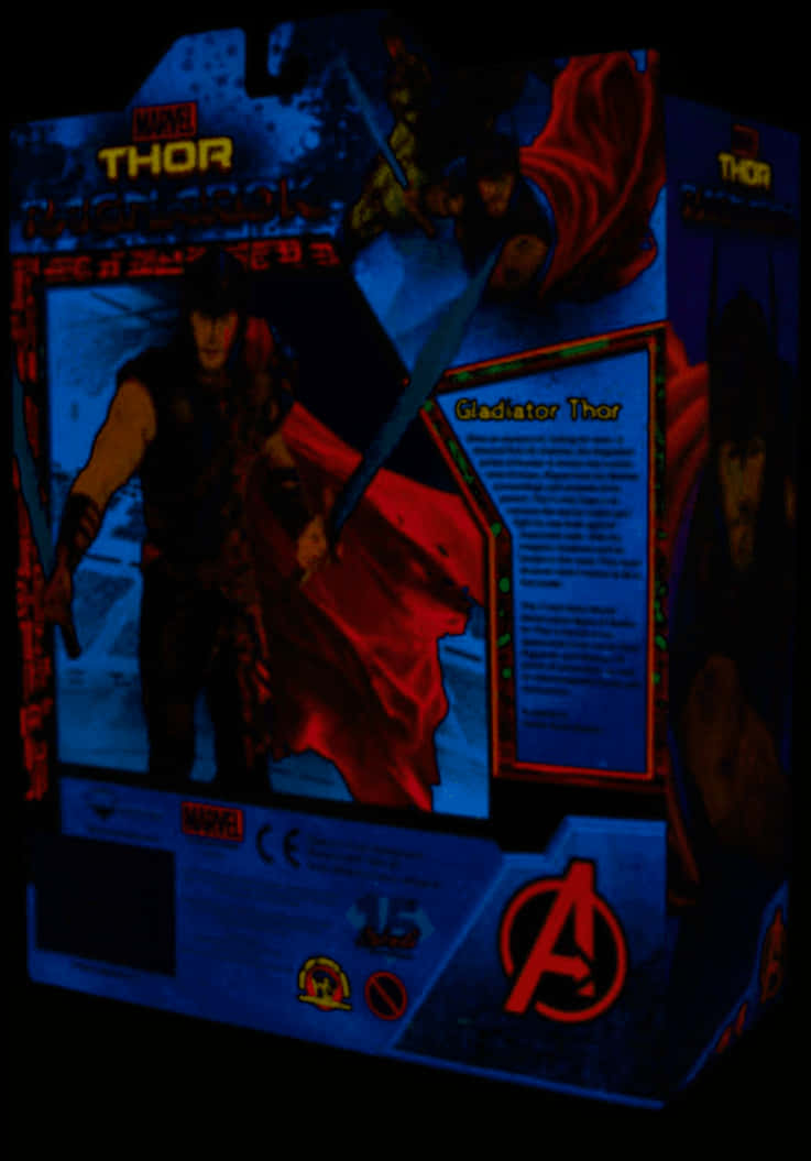 索爾 桌布 壁紙 — 一個用於Marvel的Thor動作人偶的暗色盒子在黑光下發出藍色和紅色的光芒，顯示Thor穿著角鬥士盔甲。