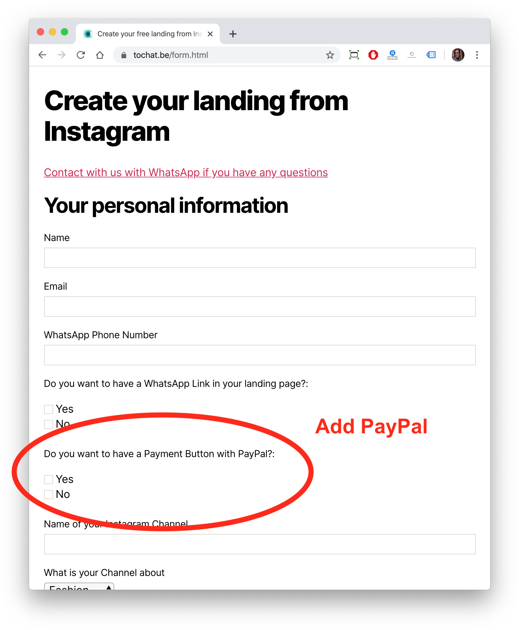 PayPal 桌布 壁紙 — 一個用於建立Instagram著陸頁的網路表單，其中突出顯示了個人資料和PayPal付款選項的欄位。