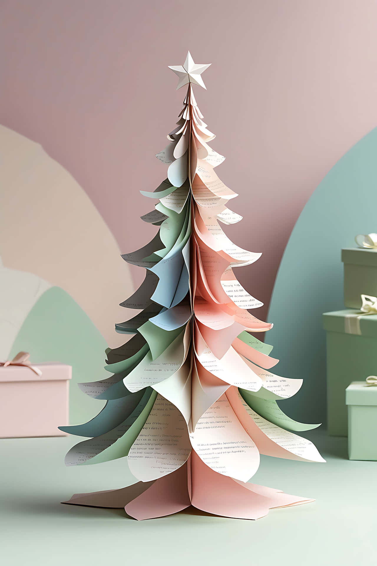 Colorful paper christmas tree 壁紙 — 一個用書頁層疊而成的粉彩色紙聖誕樹，旁邊放著禮物盒，背景是柔和的漸層牆。