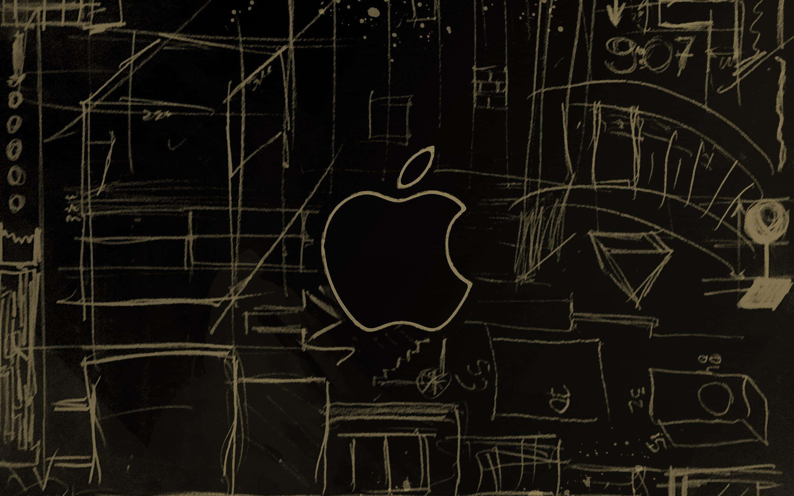 Blackboard 桌布 壁紙 — 一個用粉筆畫的Apple標誌，置中在一個充滿技術草圖和數字的黑板上面。