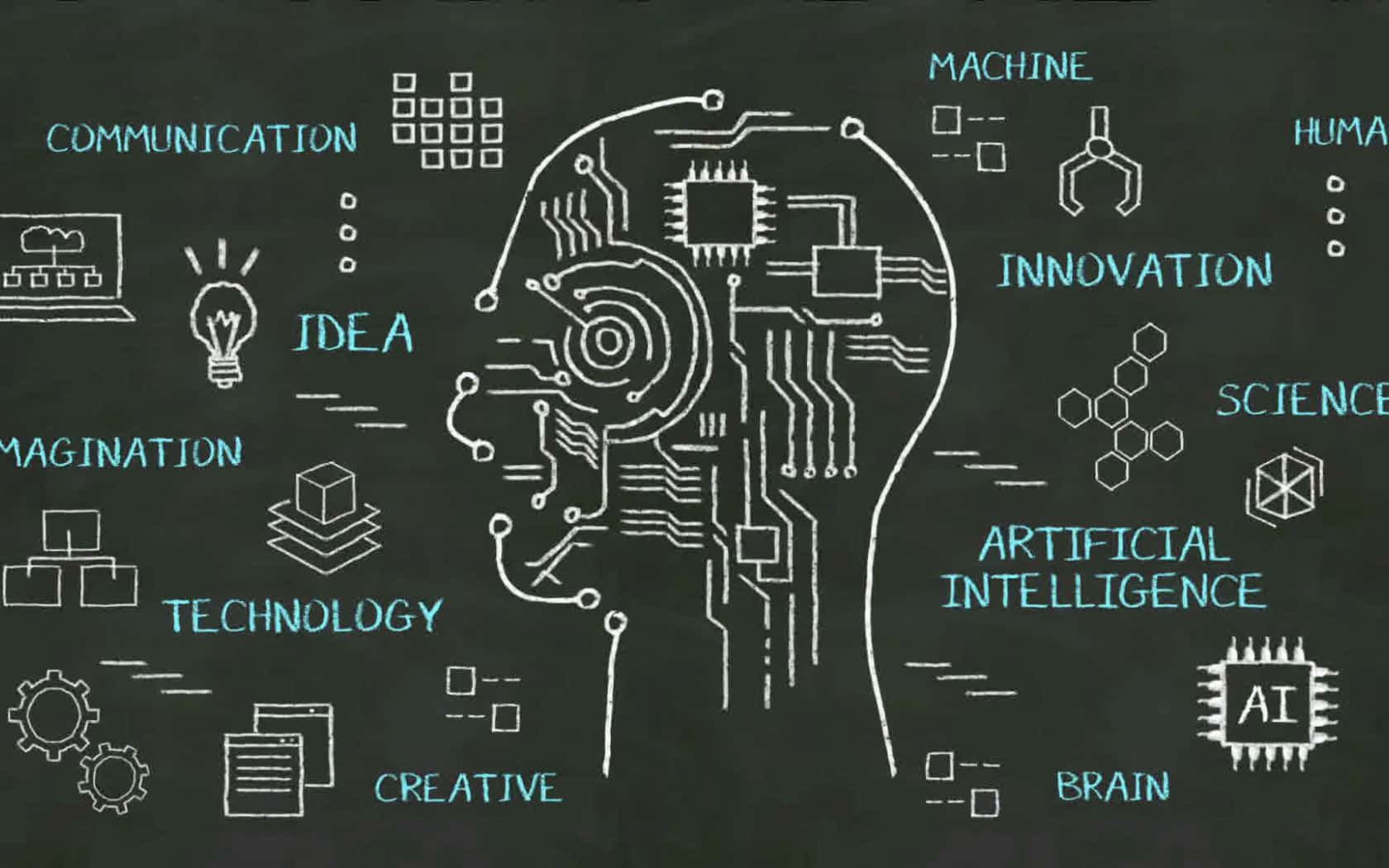 AI 桌布 壁紙 — 一個用粉筆畫的人頭，周圍有電路和科技圖標，像是 AI 和創新，在黑板上發散開來。