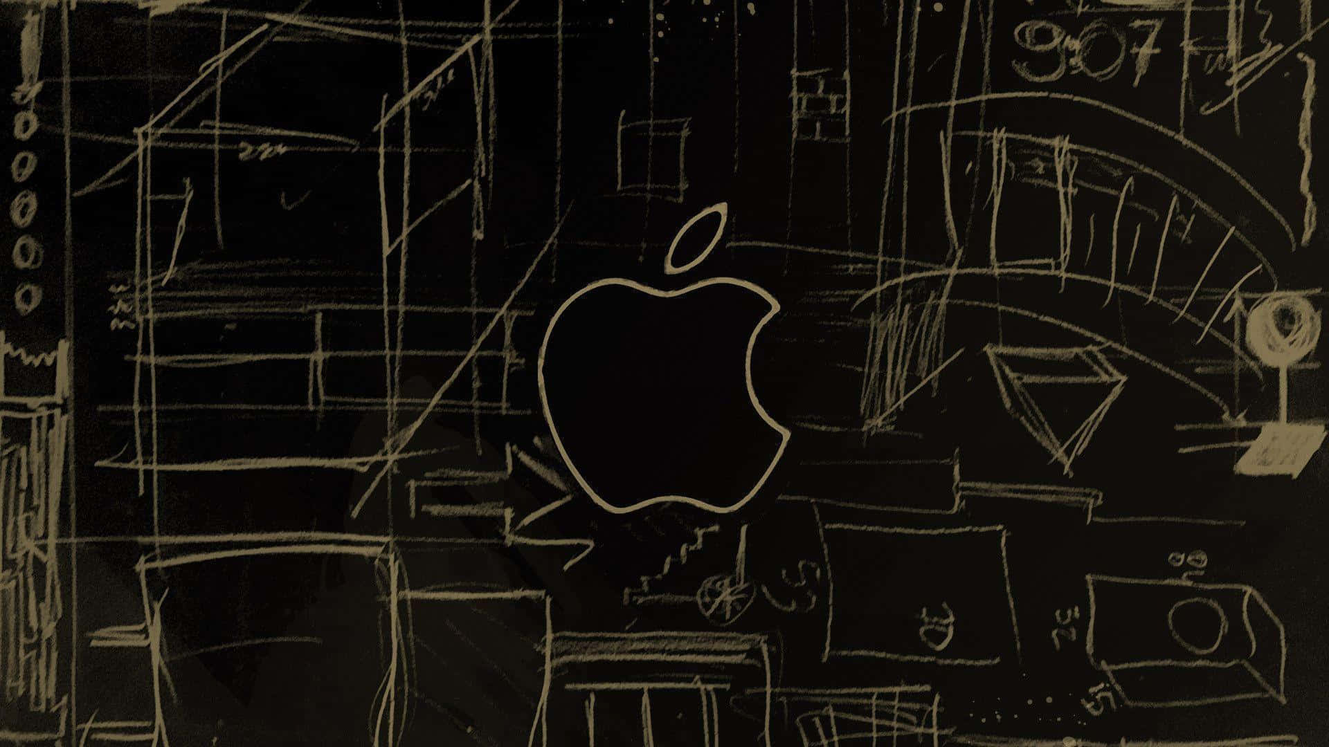 Chalk 桌布 壁紙 — 一個用粉筆繪製的Apple標誌，位於充滿抽象技術草圖和數字的黑板中央。