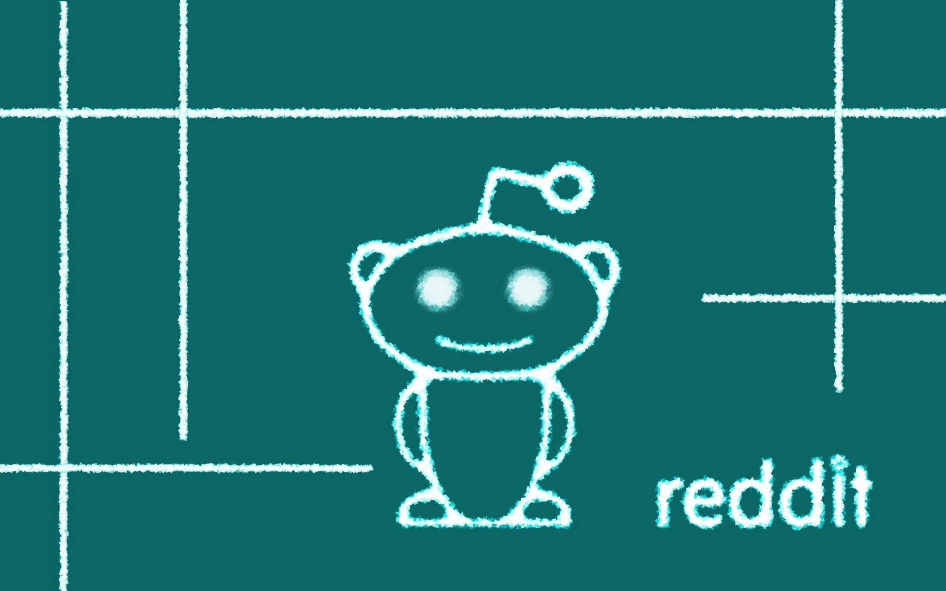 Reddit 桌布 壁紙 — 一個用粉筆繪製的微笑外星人吉祥物和 'reddit' 文字，背景是青綠色黑板網格。