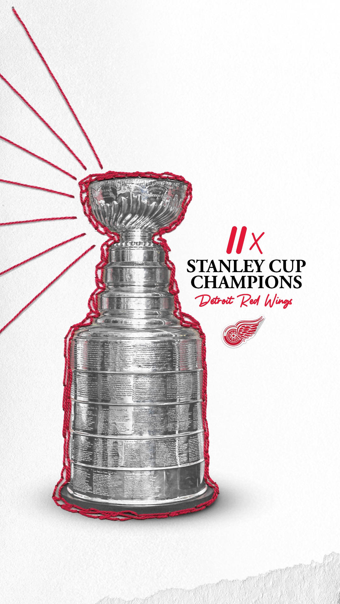 detroit 桌布 壁紙 — 一個用紅線勾勒的銀色史丹利盃獎盃，旁邊有 '11x STANLEY CUP CHAMPIONS Detroit Red Wings' 字樣。