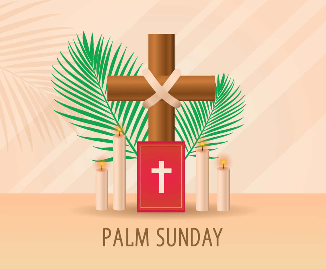 Palm Sunday 桌布 壁紙 — 一個用絲帶綁著的木製十字架，兩旁有棕櫚葉和點燃的蠟燭，還有一本帶有白色十字架的紅色書。