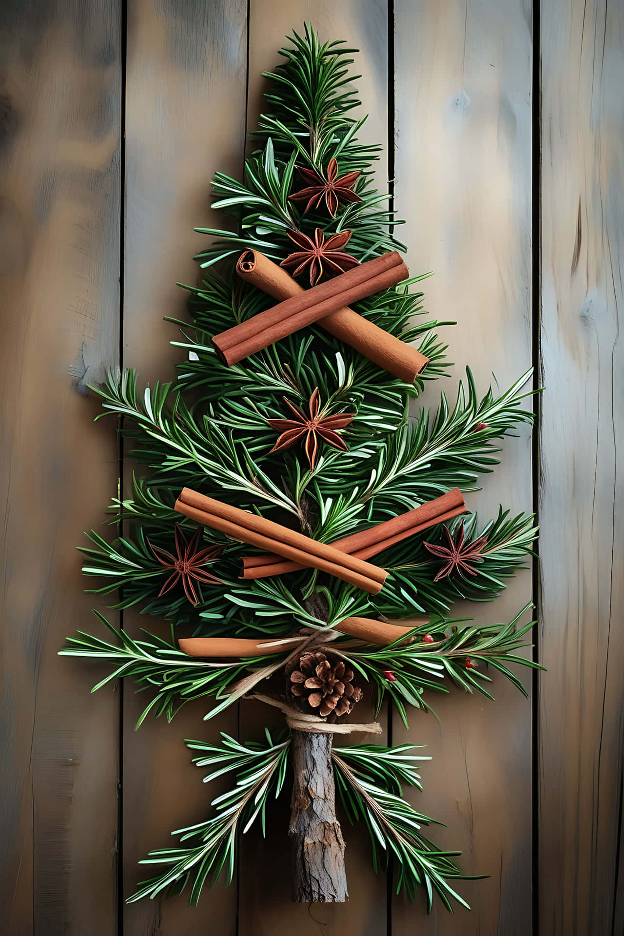 Rustic pine tree wall decoration 壁紙 — 一個用迷迭香枝、肉桂棒和八角製成的節日聖誕樹，擺放在質樸的木質背景上。