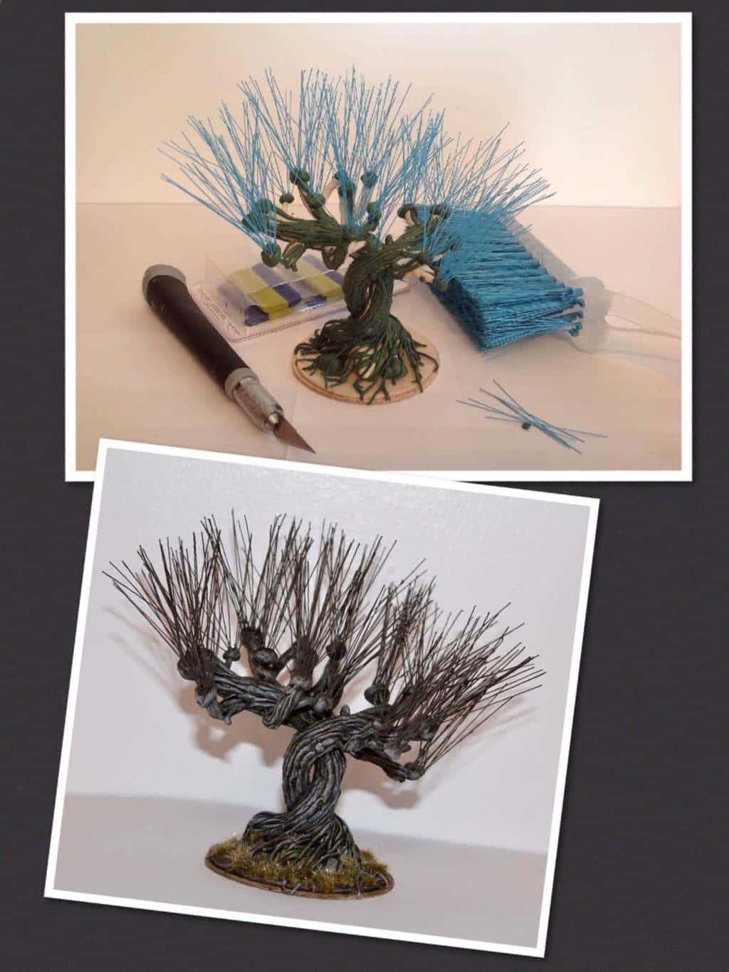 The Whomping Willow 桌布 壁紙 — 一個用金屬線製作的盆景樹雕塑，帶有藍色金屬線枝條，旁邊有工具，顯示在兩張照片中。