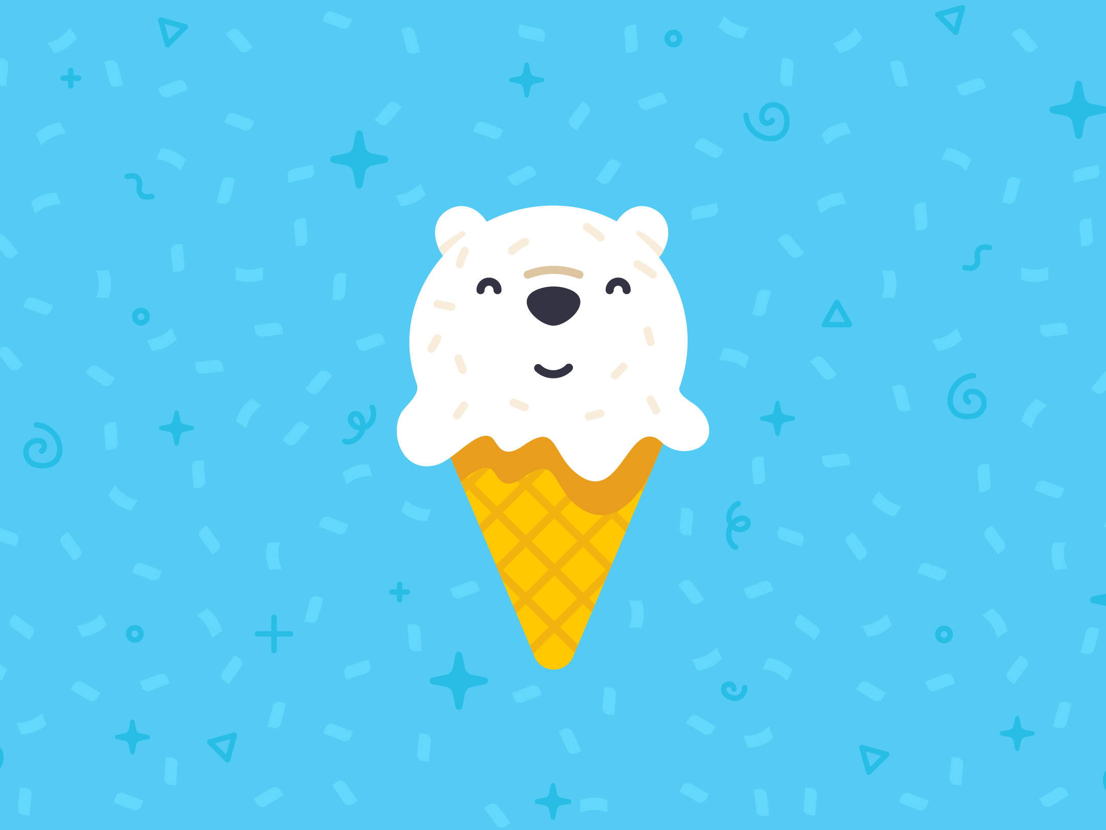 Ice Cream 桌布 壁紙 — 一個用香草冰淇淋製成的可愛北極熊臉，坐在黃色鬆餅筒上，背景是淺藍色帶有俏皮幾何圖案。