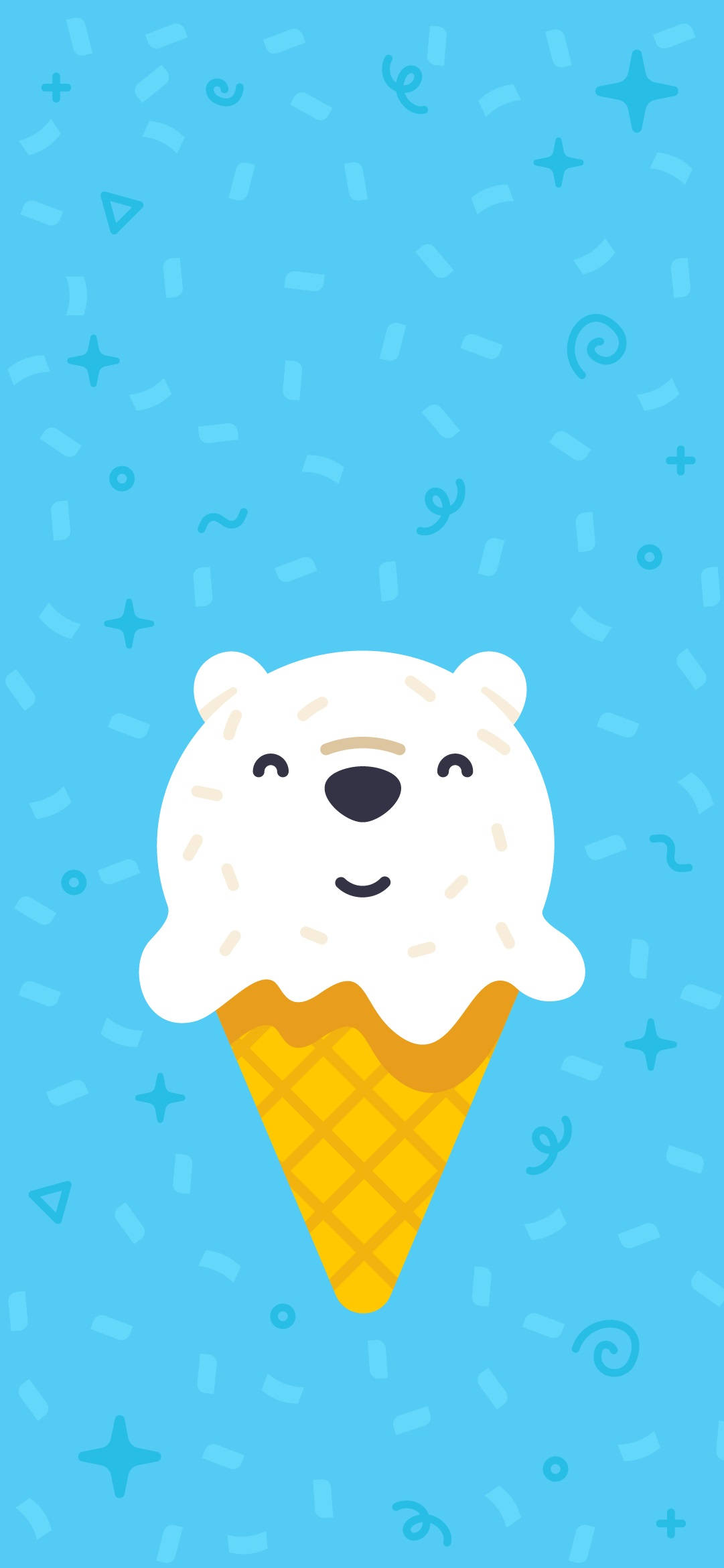 Ice Cream 桌布 壁紙 — 一個用香草冰淇淋製成的可愛北極熊臉，坐在鬆餅筒裡，背景是淺藍色，上面有俏皮的塗鴉。