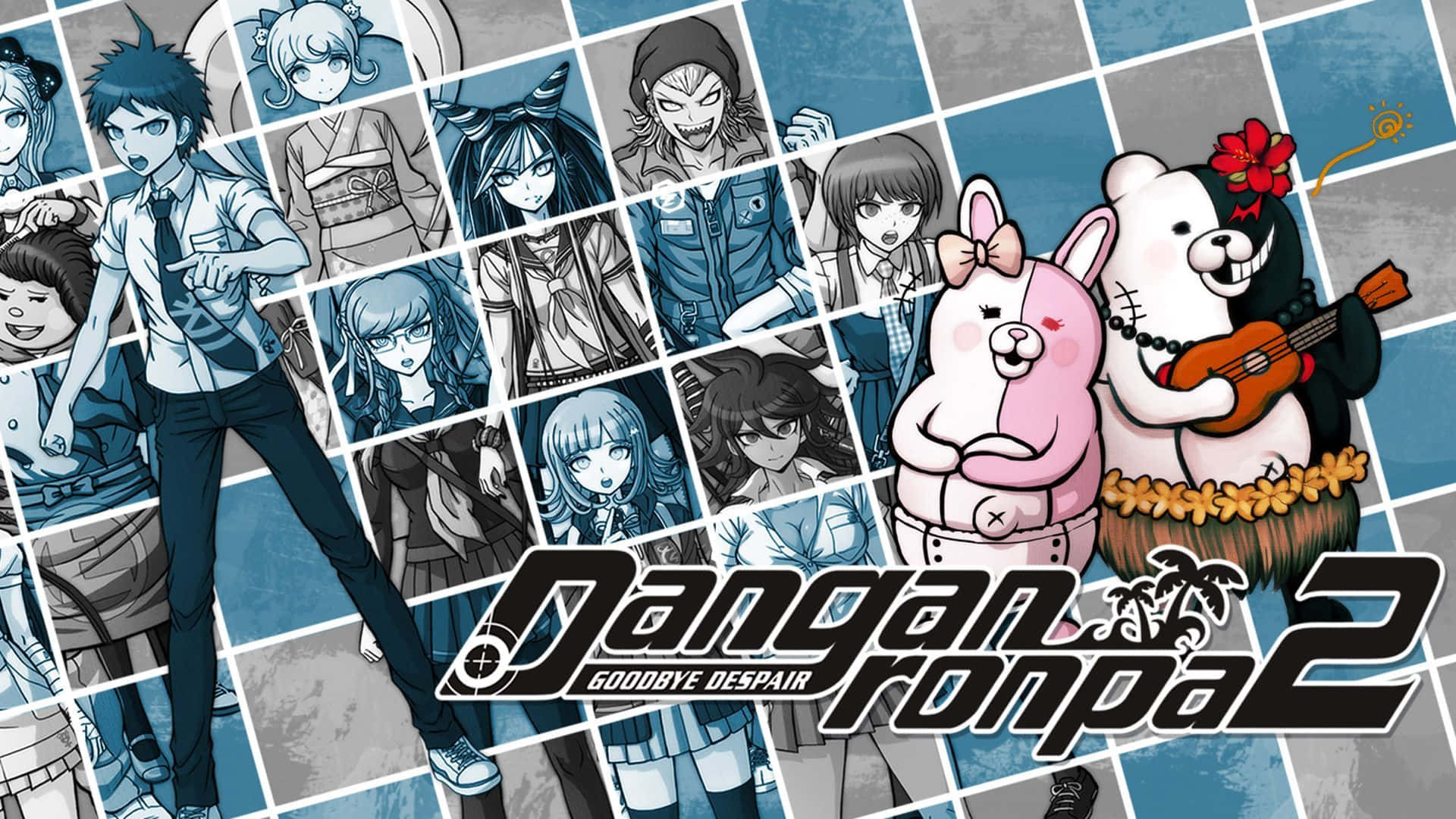 Danganronpa 2 Goodbye Despair 桌布 壁紙 — 一個由《槍彈辯駁2》動漫角色組成的拼貼畫，背景為藍色網格，有一隻粉紅色兔子吉祥物在彈奏烏克麗麗。
