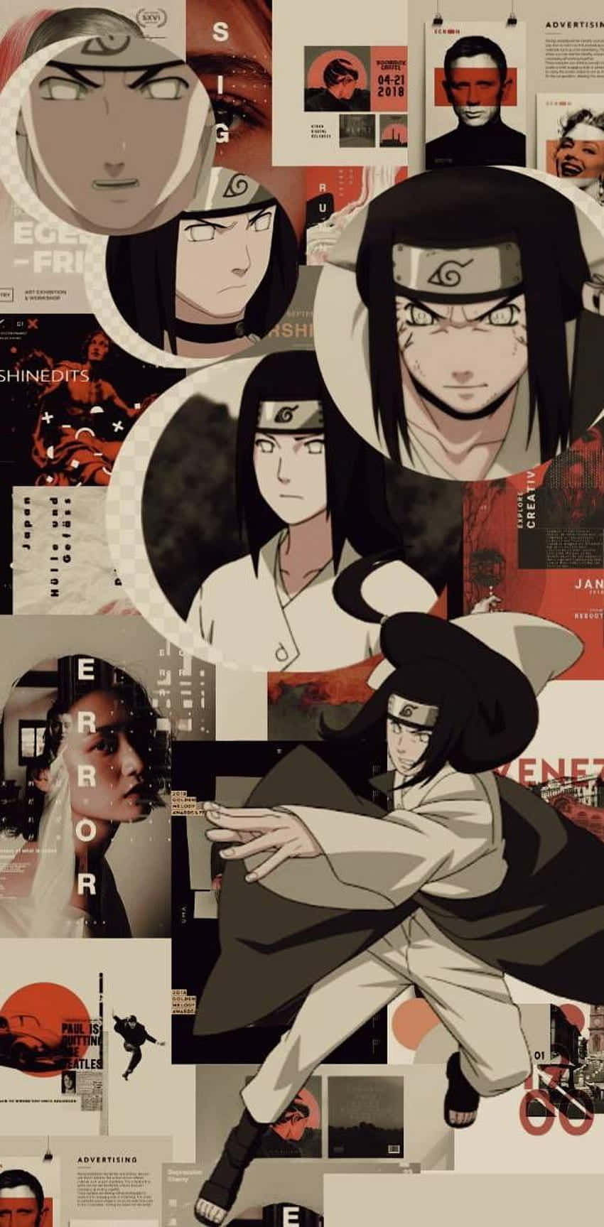 Neji Hyuga 桌布 壁紙 — 一個由《火影忍者》動漫角色組成的拼貼畫，角色位於圓形框架內，疊加在復古雜誌剪報和文字上。