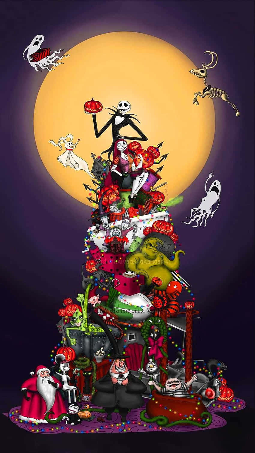 Nightmare Before Christmas Phone 桌布 壁紙 — 一個由《聖誕夜驚魂》角色和裝飾品組成的巨大混亂聖誕樹，懸掛在巨大的橙色月亮下。