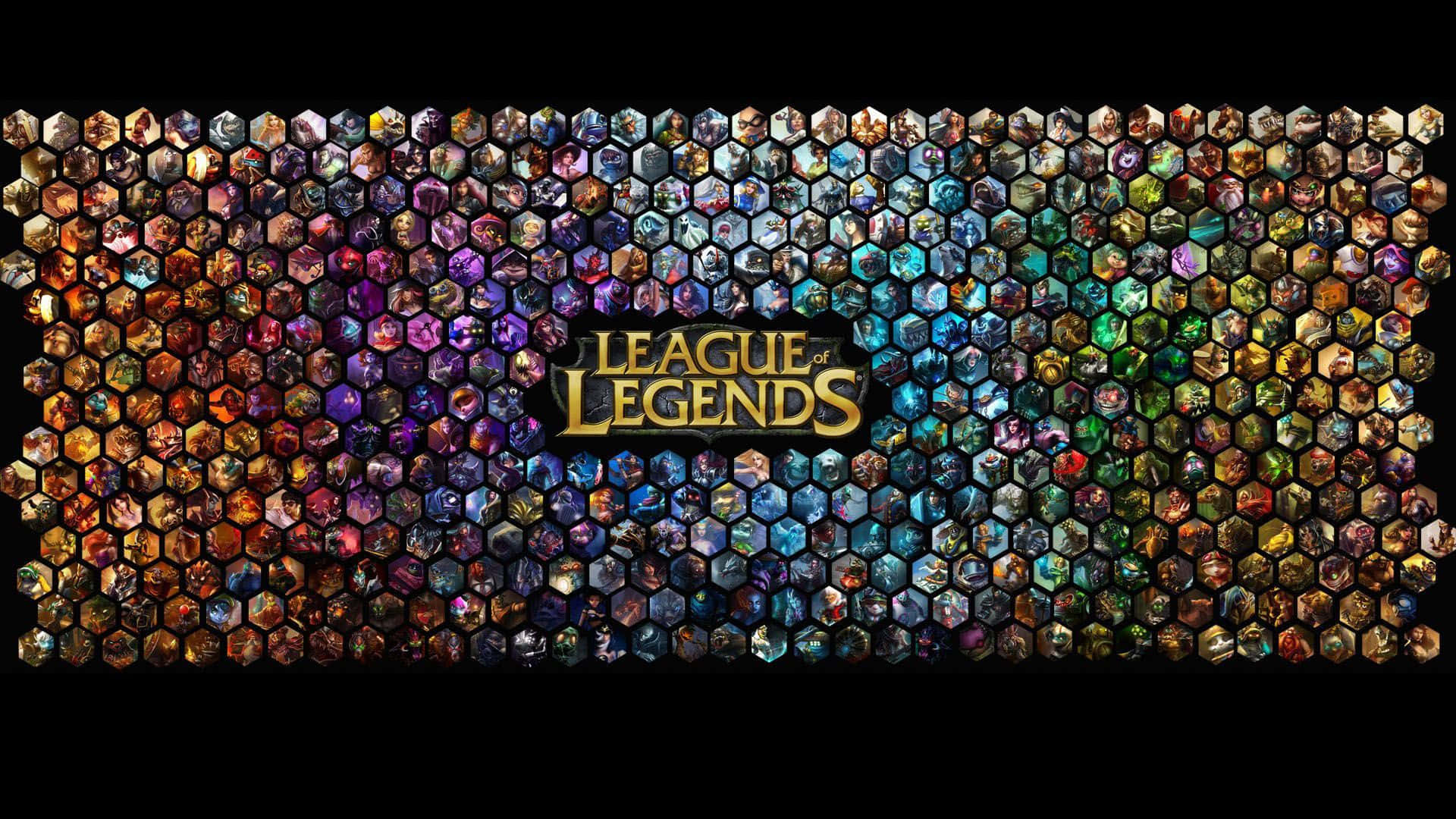 1920x1080 League Of Legends 桌布 壁紙 — 一個由《英雄聯盟》英雄組成的充滿活力的六邊形馬賽克，形成了色彩繽紛的漸變背景，遊戲標誌居中。