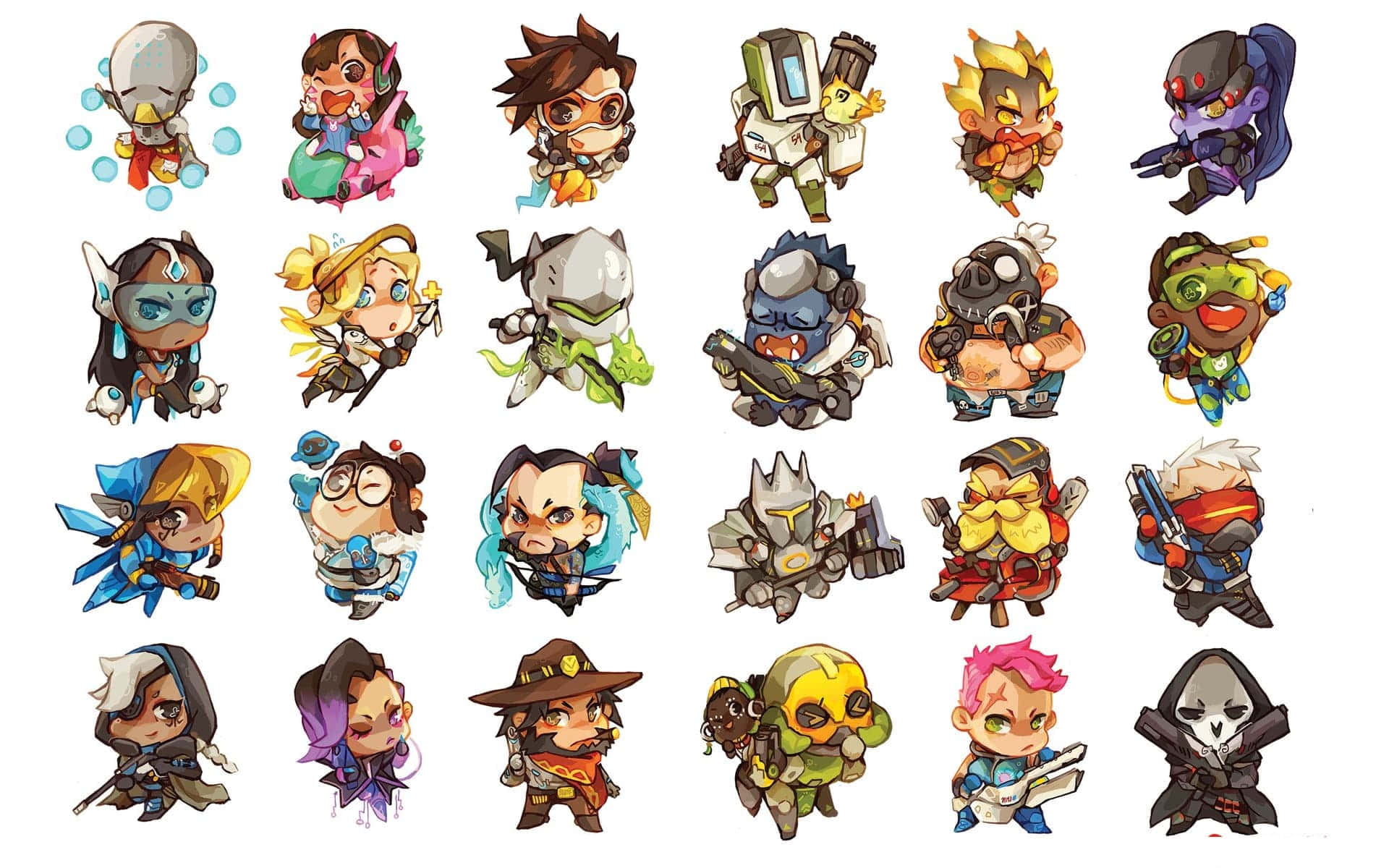 Overwatch Roadhog 桌布 壁紙 — 一個由20個Q版風格的Overwatch角色組成的網格，以色彩繽紛、風格化的姿勢呈現在純白色背景上。