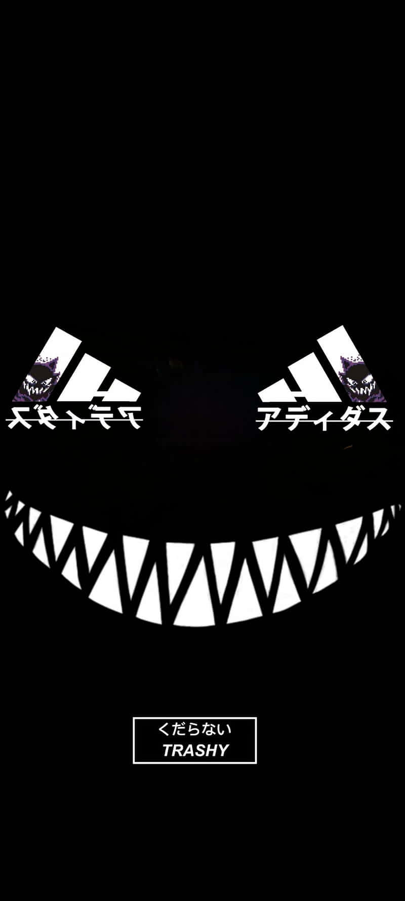 圖案 桌布 壁紙 — 一個由Adidas標誌組成的白色可怕笑容，帶有鋸齒狀牙齒和發光的眼睛，背景為黑色。