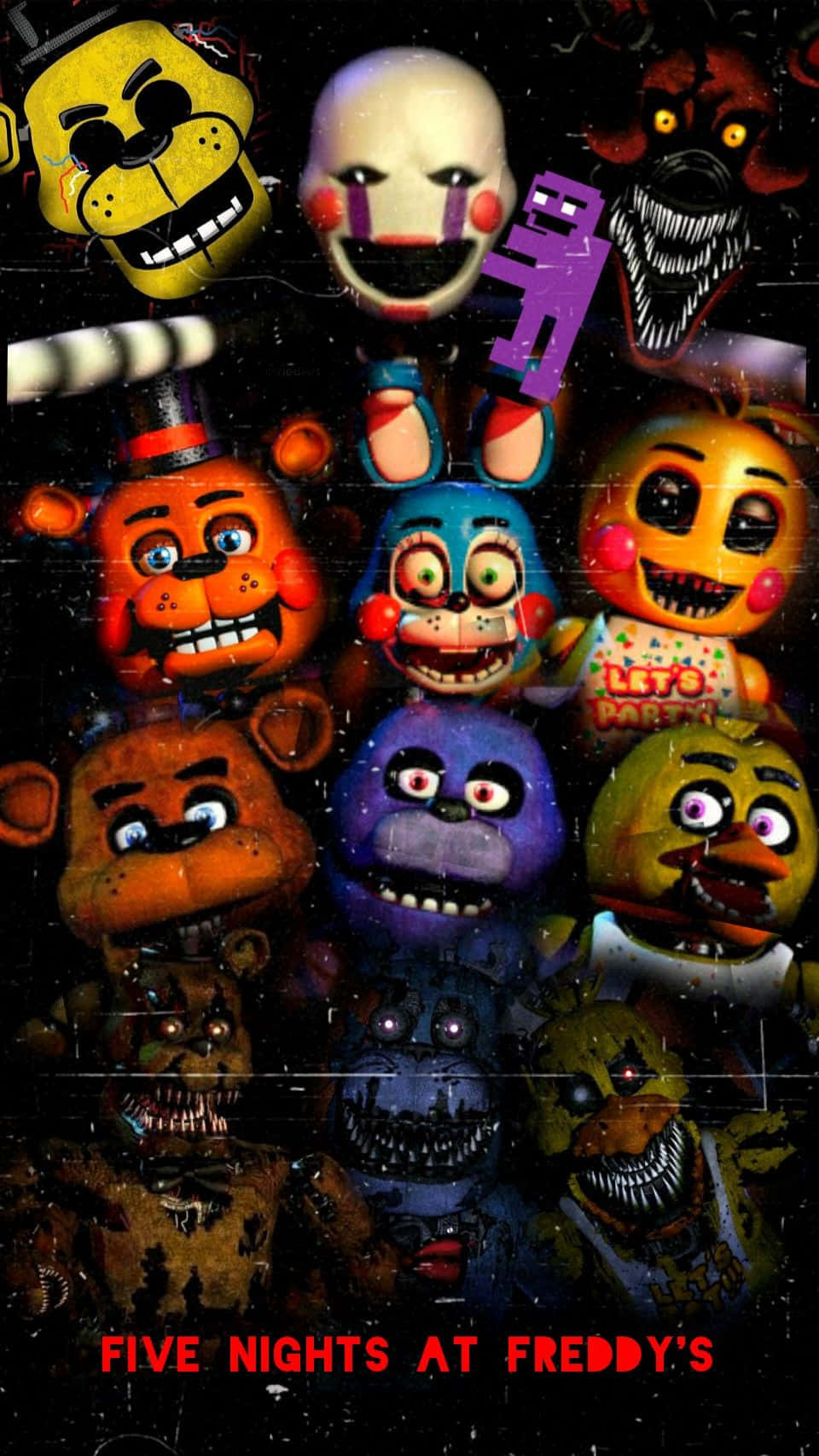 佛萊迪餐館之五夜驚魂 桌布 壁紙 — 一個由Five Nights at Freddy's的機械動物角色組成的威脅性拼貼畫，眼睛發光，牙齒鋒利，背景黑暗且帶有故障效果。
