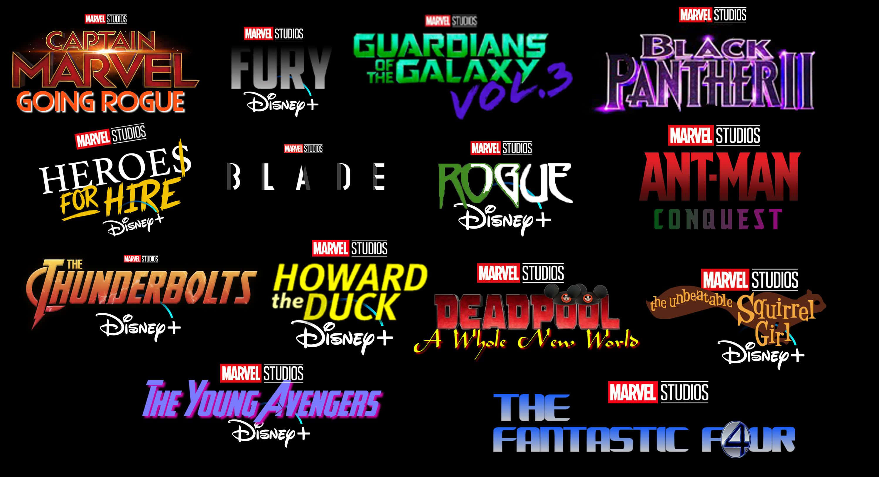 Mcu Phase Three 桌布 壁紙 — 一個由Marvel Studios電影和Disney+系列彩色標誌組成的網格，在黑色背景上發光。