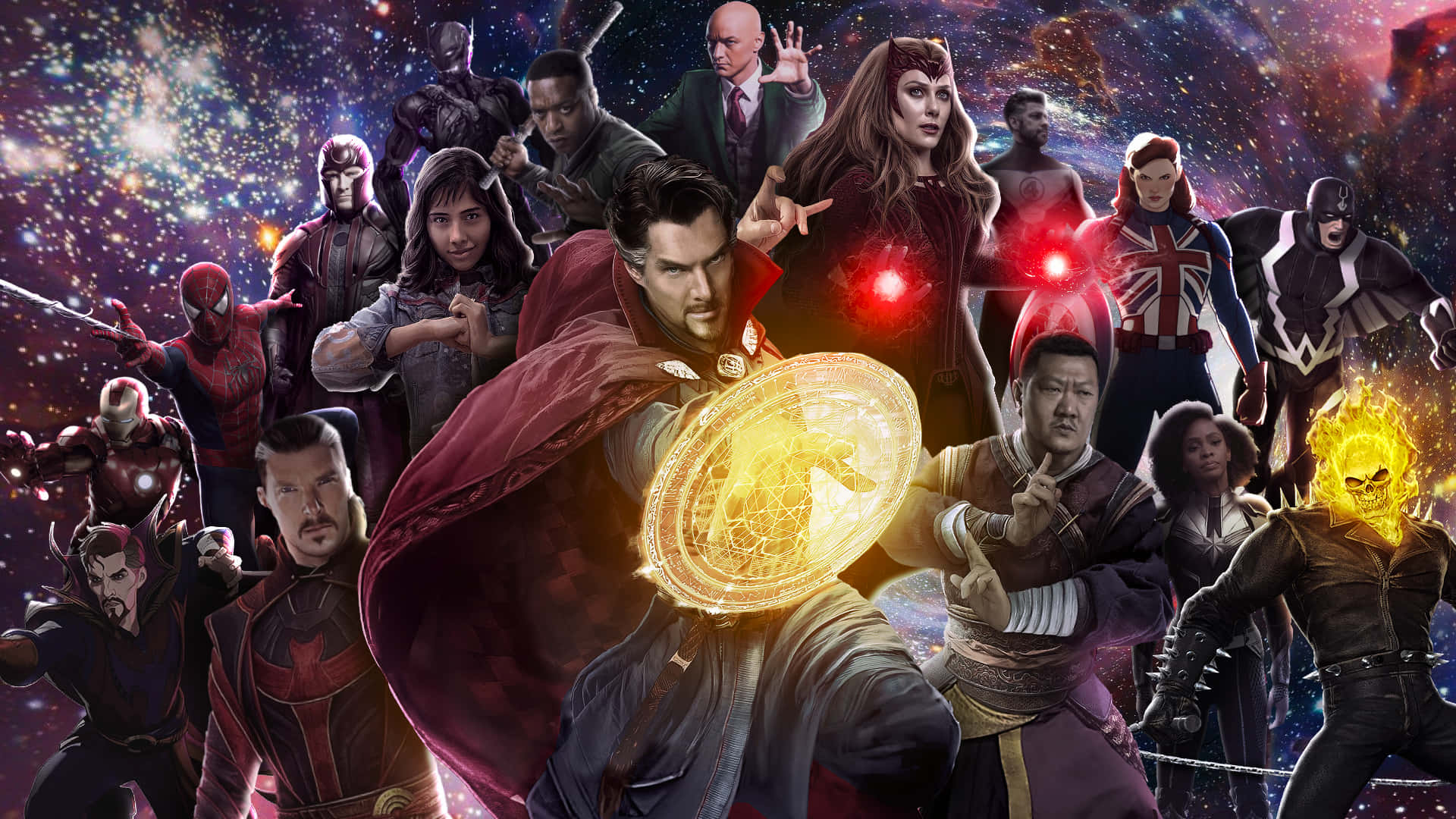 Doctor Strange Multiverse Of Madness 桌布 壁紙 — 一個由Marvel超級英雄和反派組成的宇宙合奏，在佈滿星星的銀河背景下動態擺姿勢。