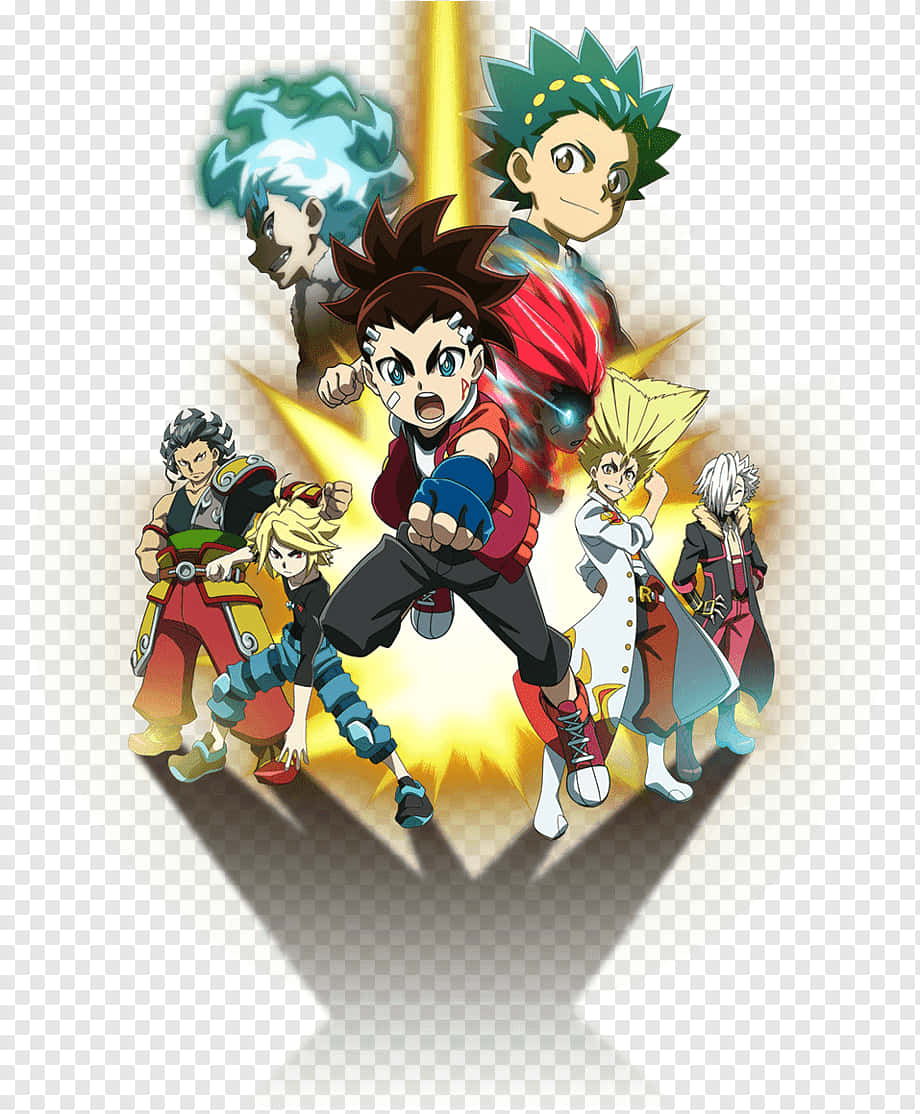 Beyblade 桌布 壁紙 — 一個由七位戰士組成的動態動漫團體，帶著發光的能量和堅定的表情向前衝刺。