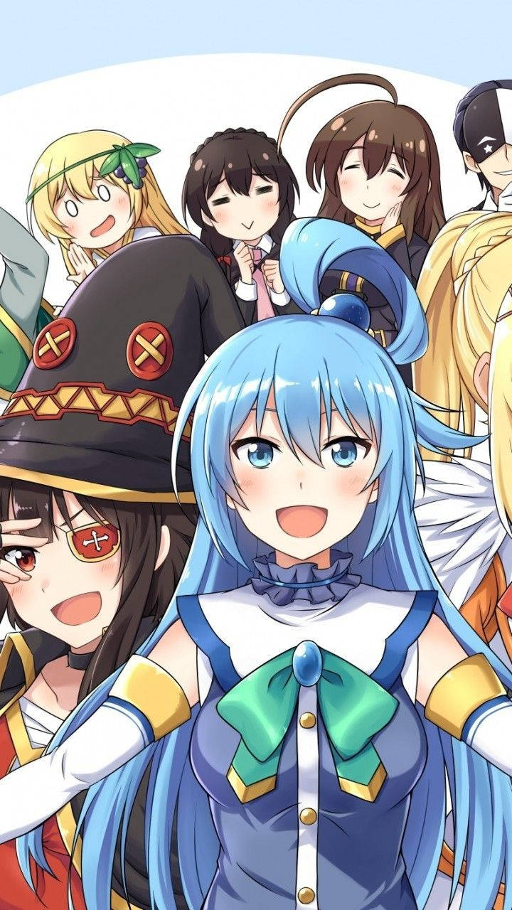 Konosuba 桌布 壁紙 — 一個由七位擁有鮮豔髮色和奇幻服裝的女孩組成的歡樂動漫團體一起擺姿勢。