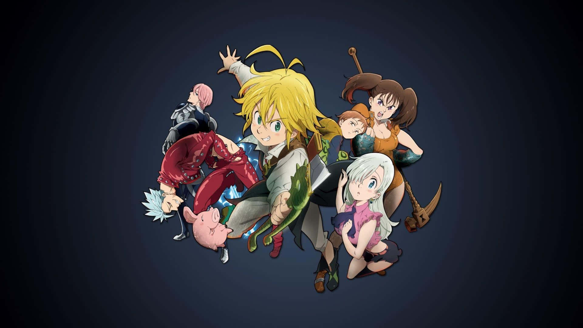 Seven Deadly Sins 4K 桌布 壁紙 — 一個由七個角色組成的動態動漫團體，穿著多樣的服裝和武器，在深色漸變背景前充滿活力地擺姿勢。