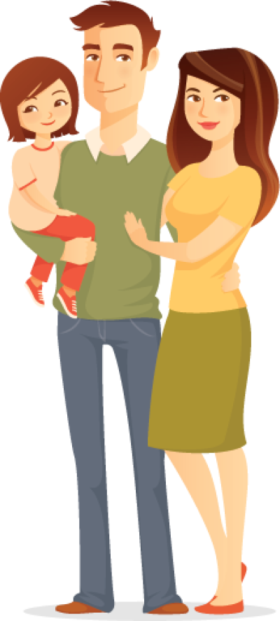 Clip Art 桌布 壁紙 — 一個由三人組成的快樂卡通家庭在簡單的平面插圖中一起擺姿勢，溫暖地微笑。