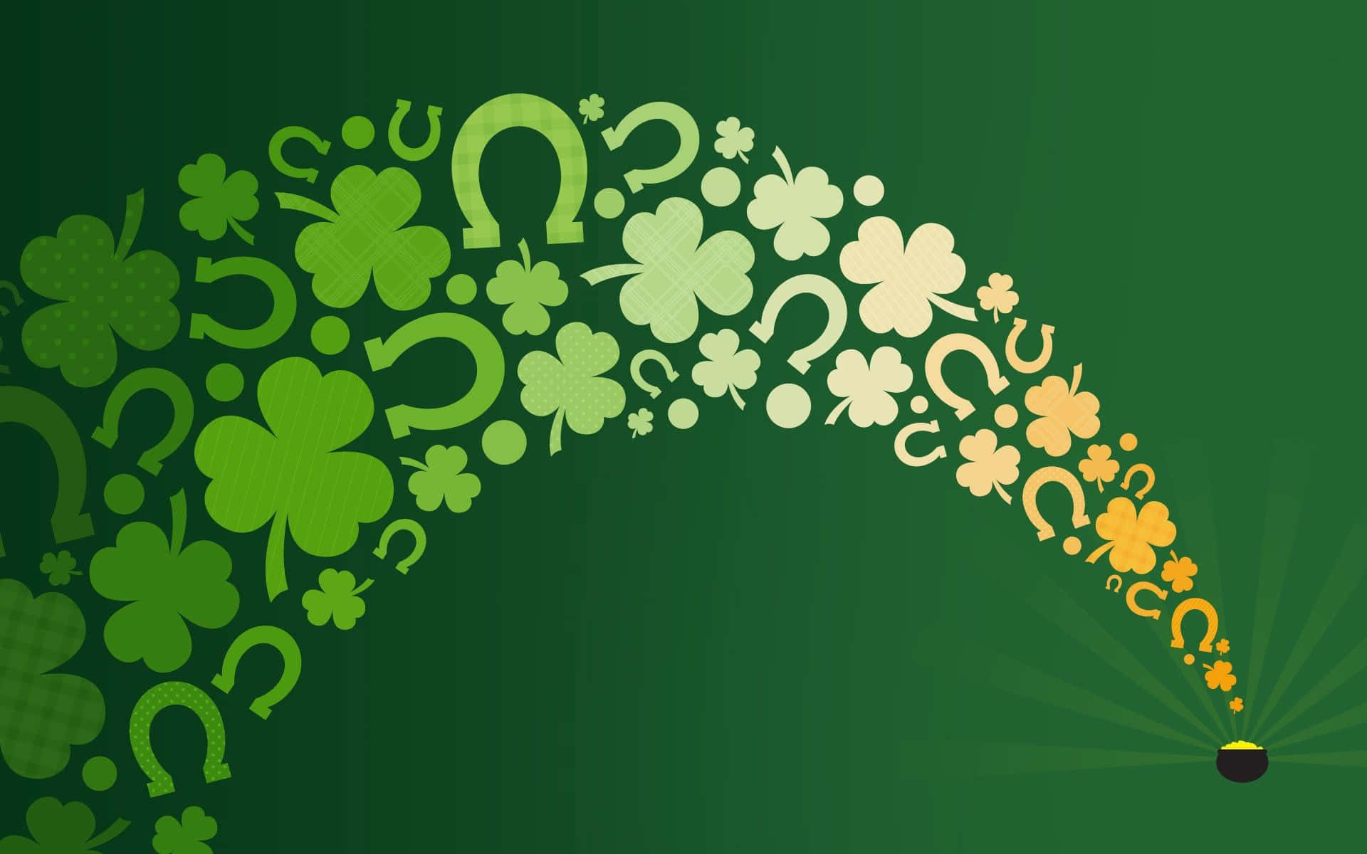 Shamrock 桌布 壁紙 — 一個由三葉草和馬蹄鐵組成的充滿活力的綠色弧線從一罐黃金中迸發出來，背景是漸變綠色。