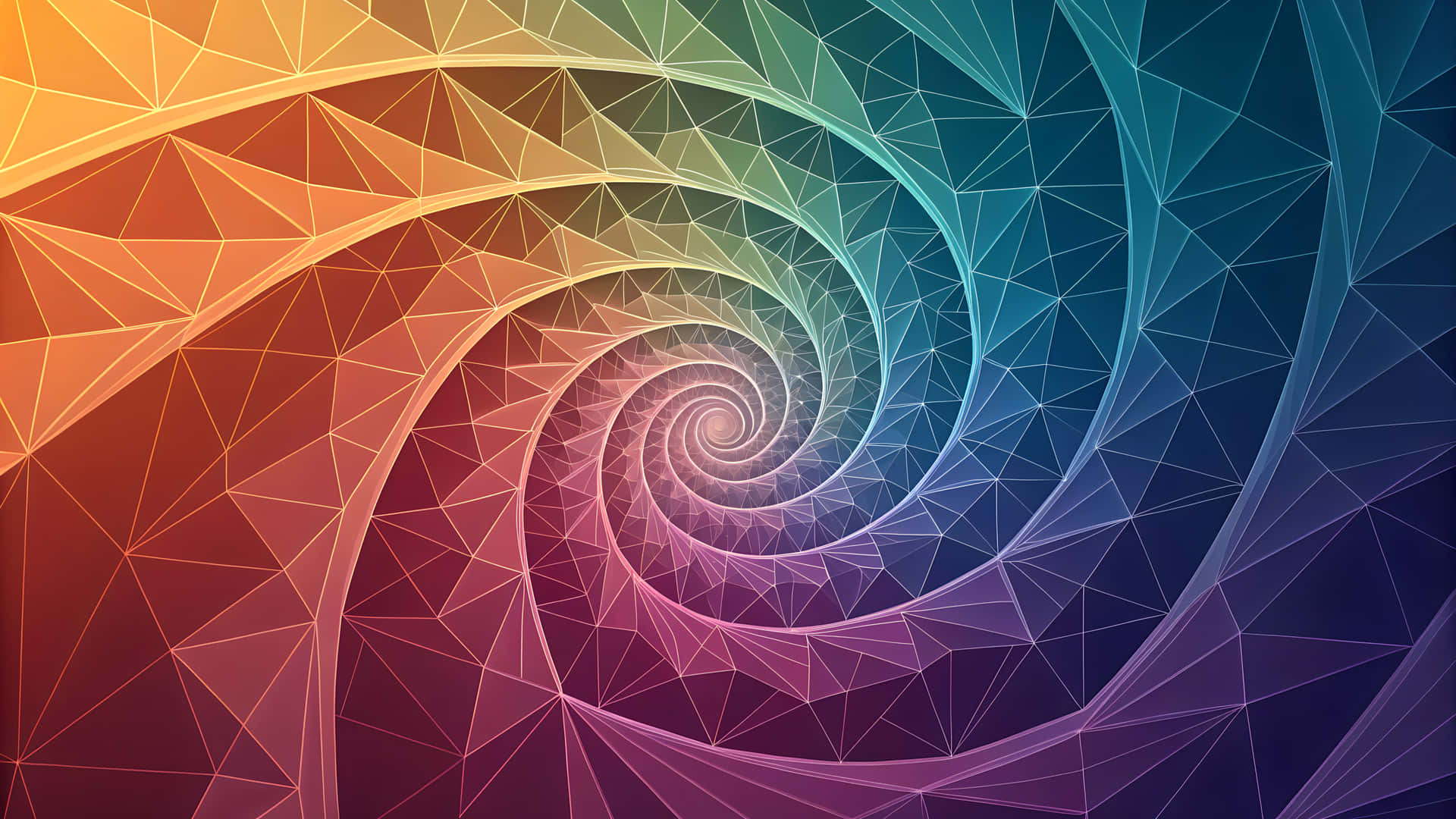 Geometric Spiral in Vibrant Gradient Hues 壁紙 — 一個由三角形面組成的迷人幾何螺旋，通過從溫暖橙色到冷靛藍的鮮豔彩虹漸變過渡。