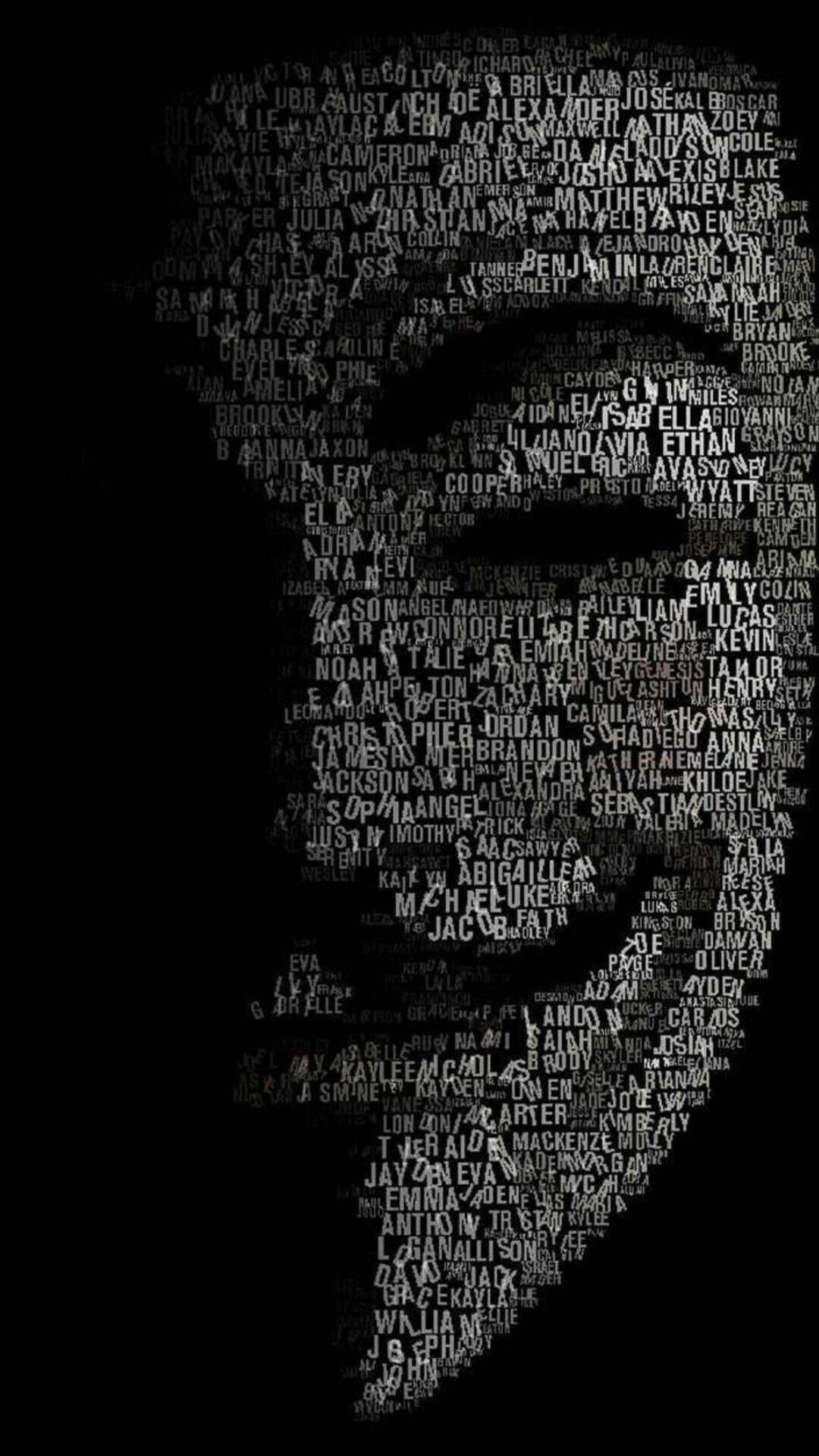 Mask 桌布 壁紙 — 一個由不同字體大小的重疊名字在黑色背景上形成的人物剪影。
