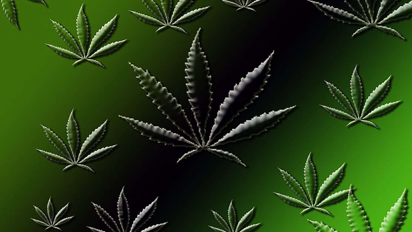 大麻 桌布 壁紙 — 一個由不同深淺綠色風格化大麻葉組成的圖案，背景為漸變色。