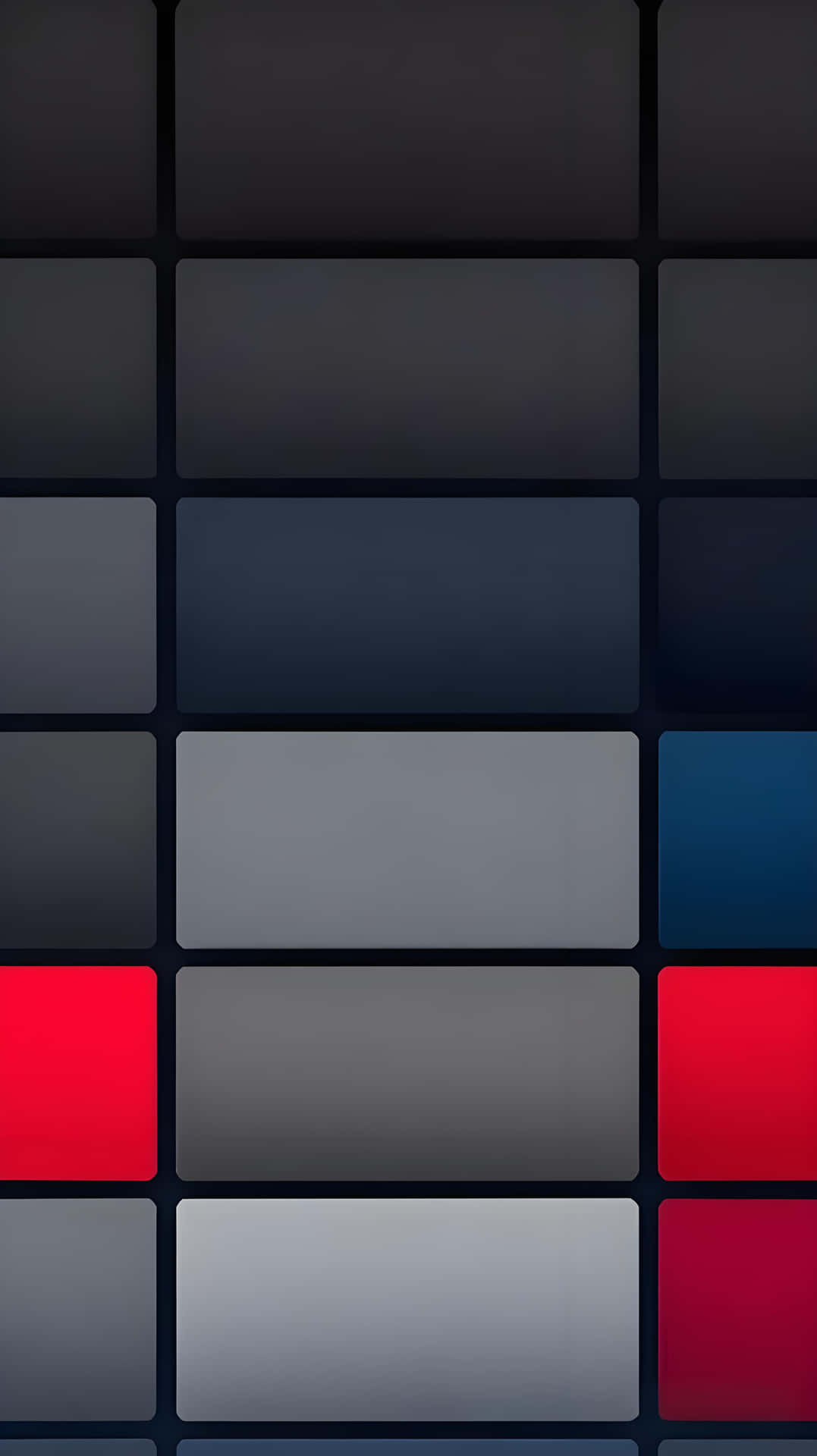 Dark Geometric Block Minimalist Wallpaper 壁紙 — 一個由不同灰色調的矩形面板組成的網格，其中兩個紅色和一個藍色面板打破了單色圖案。