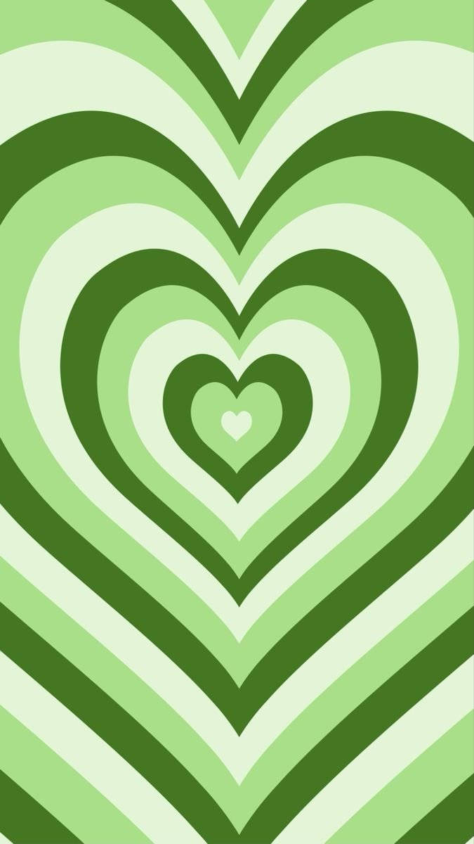 Green Heart 桌布 壁紙 — 一個由不同綠色色調的同心心形組成的催眠圖案，營造出復古迷幻的視覺效果。