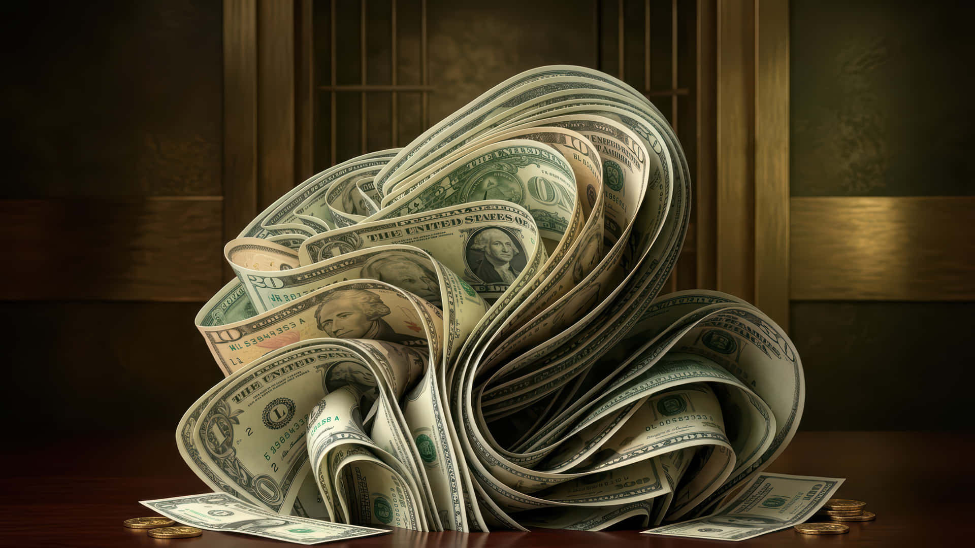 Dollars Bloom bills modded wallpaper for desktop Enhancement, 壁紙 — 一個由不同面額美元鈔票組成的旋轉雕塑，放置在木質表面上，周圍散落著硬幣，背景是帶有鐵欄的窗戶。