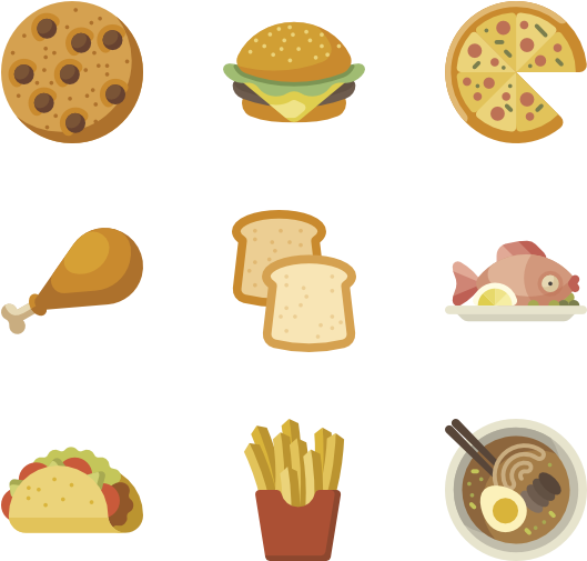 Desserts 桌布 壁紙 — 一個由九個彩色卡通食物圖示組成的網格，包括餅乾、漢堡、披薩、雞肉、吐司、魚、墨西哥捲、薯條和拉麵，背景為黑色。