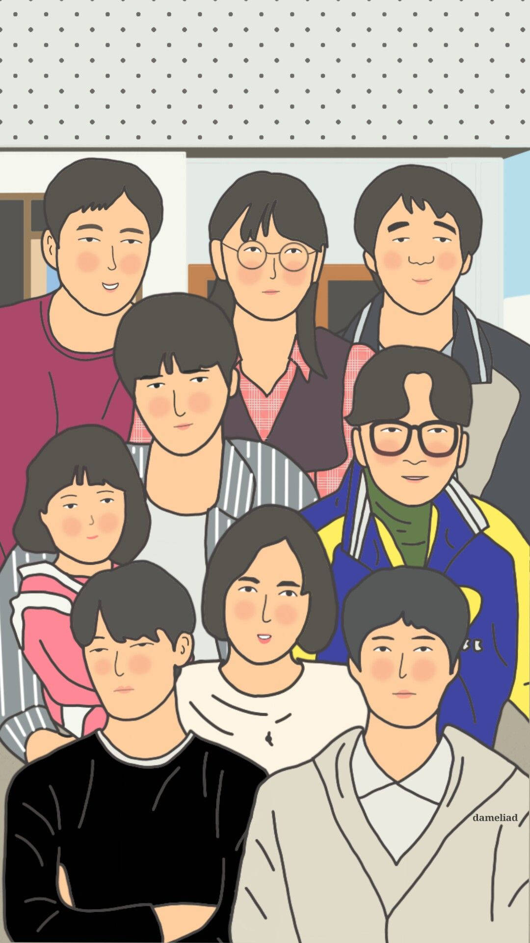 Reply 1988 桌布 壁紙 — 一個由九個插圖人物組成的愉快群體，穿著多樣，表情各異，緊密地聚集在一起。